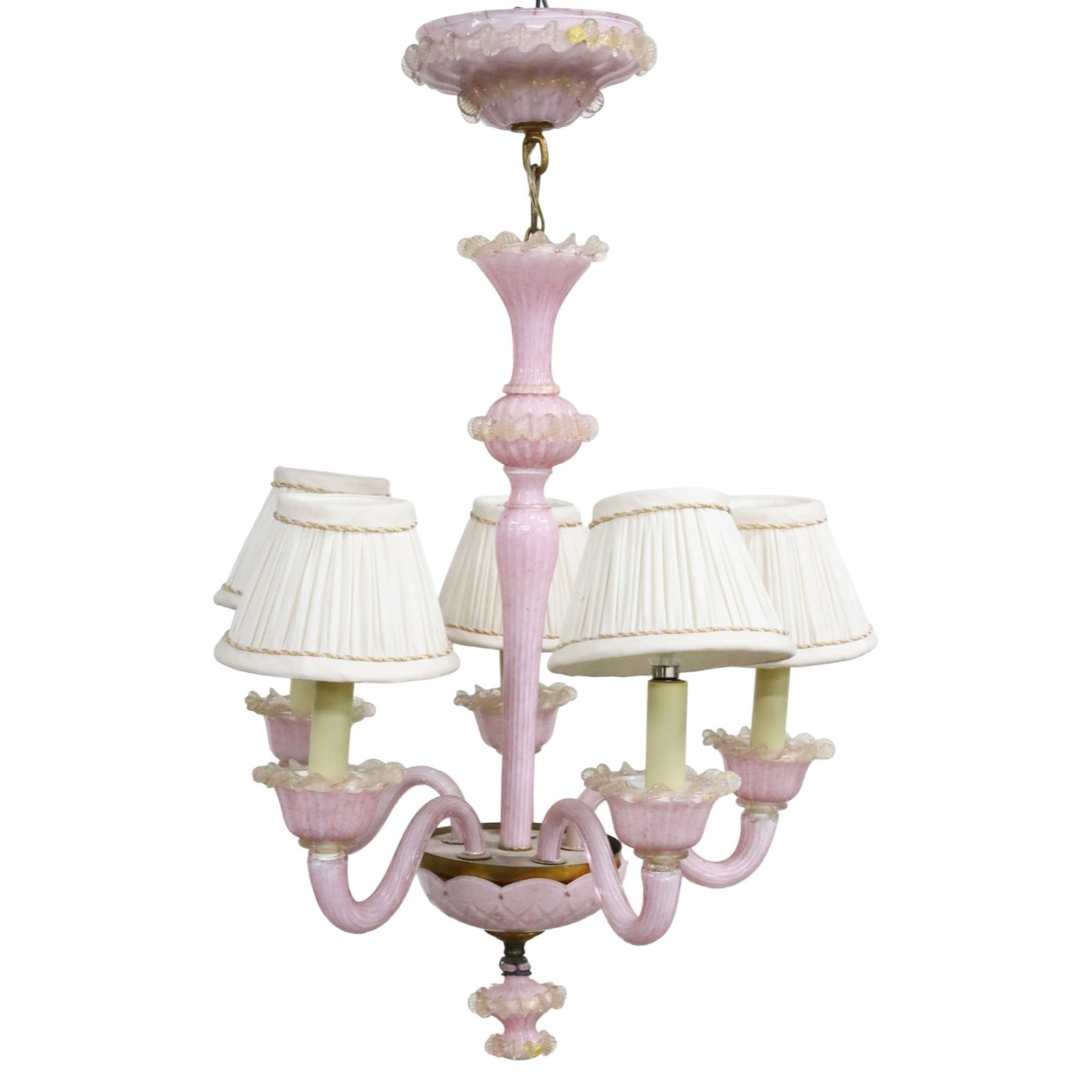 ITALIAN MURANO GLASS CHANDELIER: Italian pink Murano glass five light chandelier, American wiring, early to mid 20th century; 28"H 20"W
