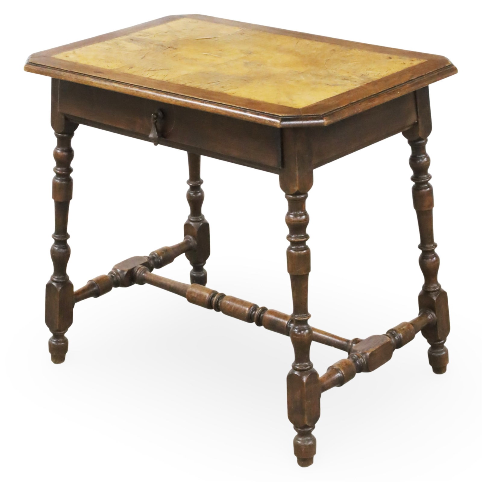 LOUIS XIII OAK WRITING TABLE: Louis XIII oak writing table, the top having bookmatched burl veneer, raised on turned legs and stretcher, 19th century; 30"H 34"W 23"D