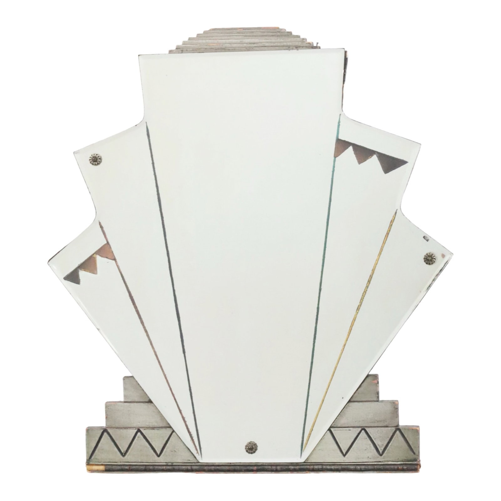 ART DECO ACCENT MIRROR: Period Art Deco mirror having a stepped fan form, bevel glass with eglomise geometric accents, mounted in polychrome wood frame, circa 1920; 26"H 24"W