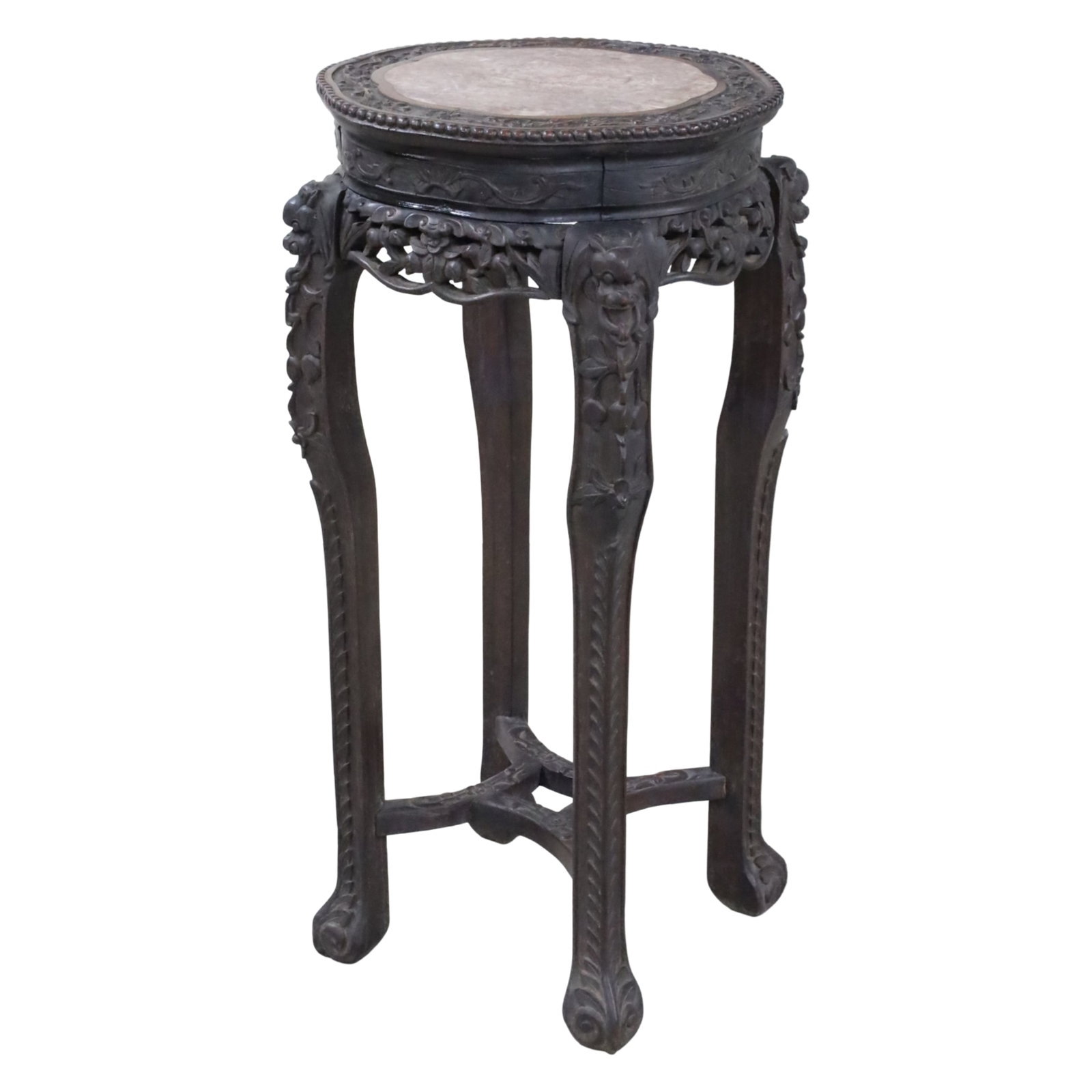 CHINESE HARDWOOD MARBLE TOP STAND, 19TH C.: Chinese hardwood stand having shaped marble top, carved openwork apron, and raised on four legs with carved dragon supports and cross stretcher, 19th century; 36"H 18"Diameter