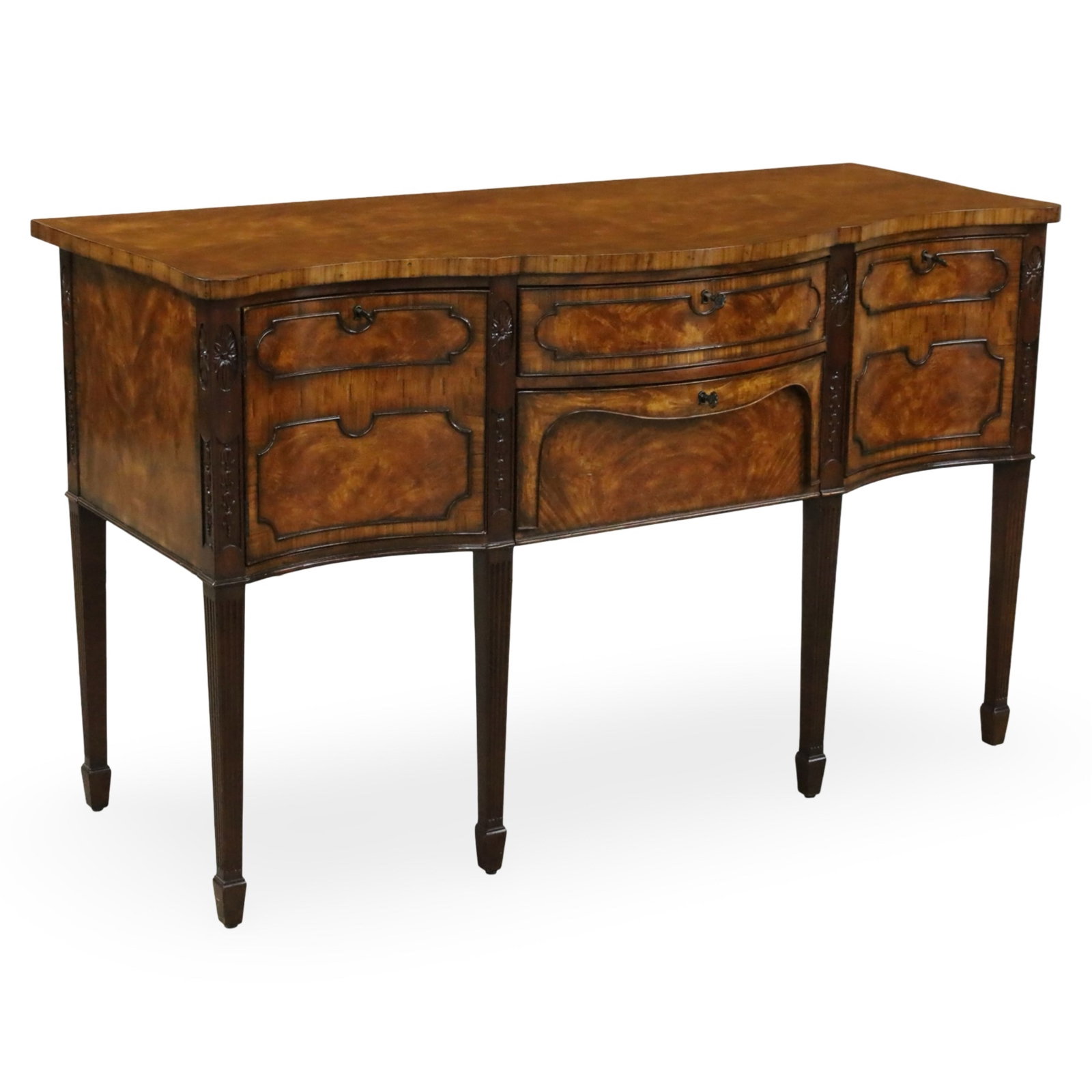 FLAME MAHOGANY SIDEBOARD, ALTHORP, THEO. ALEXANDER: Georgian style flame mahogany sideboard, Althorp collection by Theodore Alexander, having a serpentine front with raised molding doors and drawers, raised on tapered legs, 20th century; 36"H 60"W 25.5