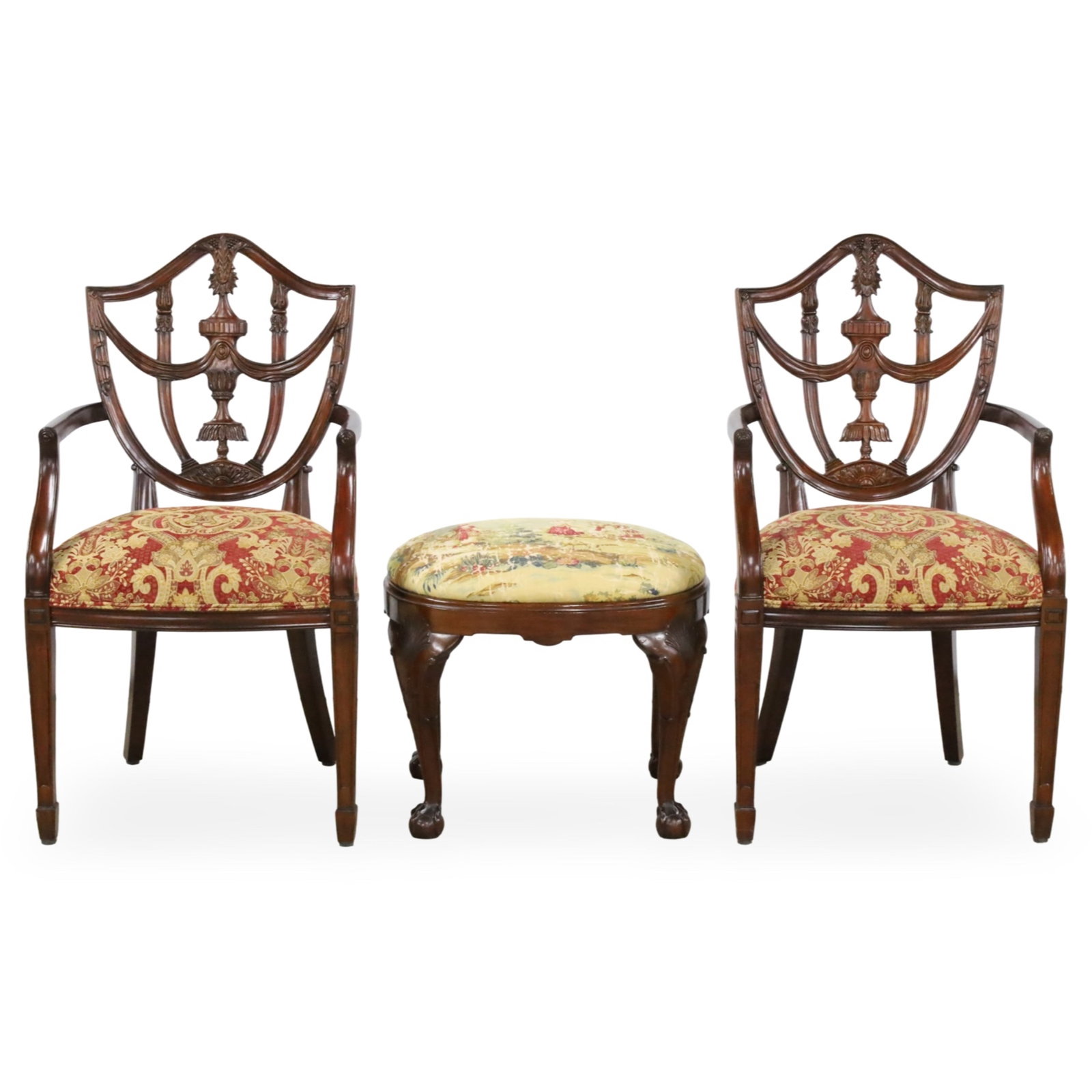 PR HEPPLEWHITE STYLE ARMCHAIRS AND STOOL: Pair of Hepplewhite style shield back armchairs, along with a Chippendale style stool with embroidery upholstered seat, 20th century; chairs 39"H 22"W 18"D stool 20"H 22"W 17"D