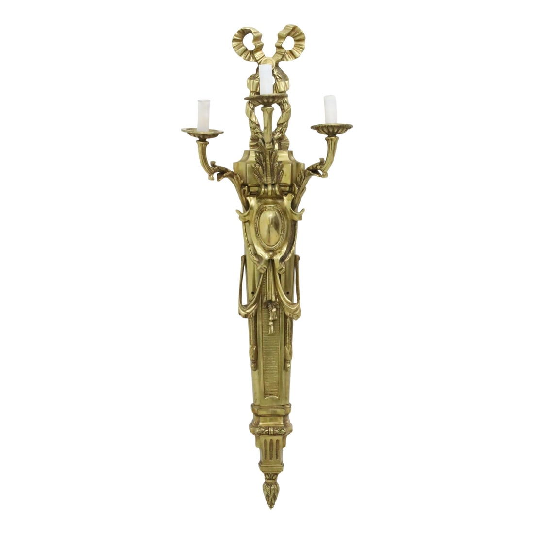 FRENCH GILT BRONZE WALL SCONCE, 19TH C.: French gilt bronze three light wall sconce, having ribbon top, column mounted with center cartouche, now electrified, late 19th century; 42"H 14"W 9"D