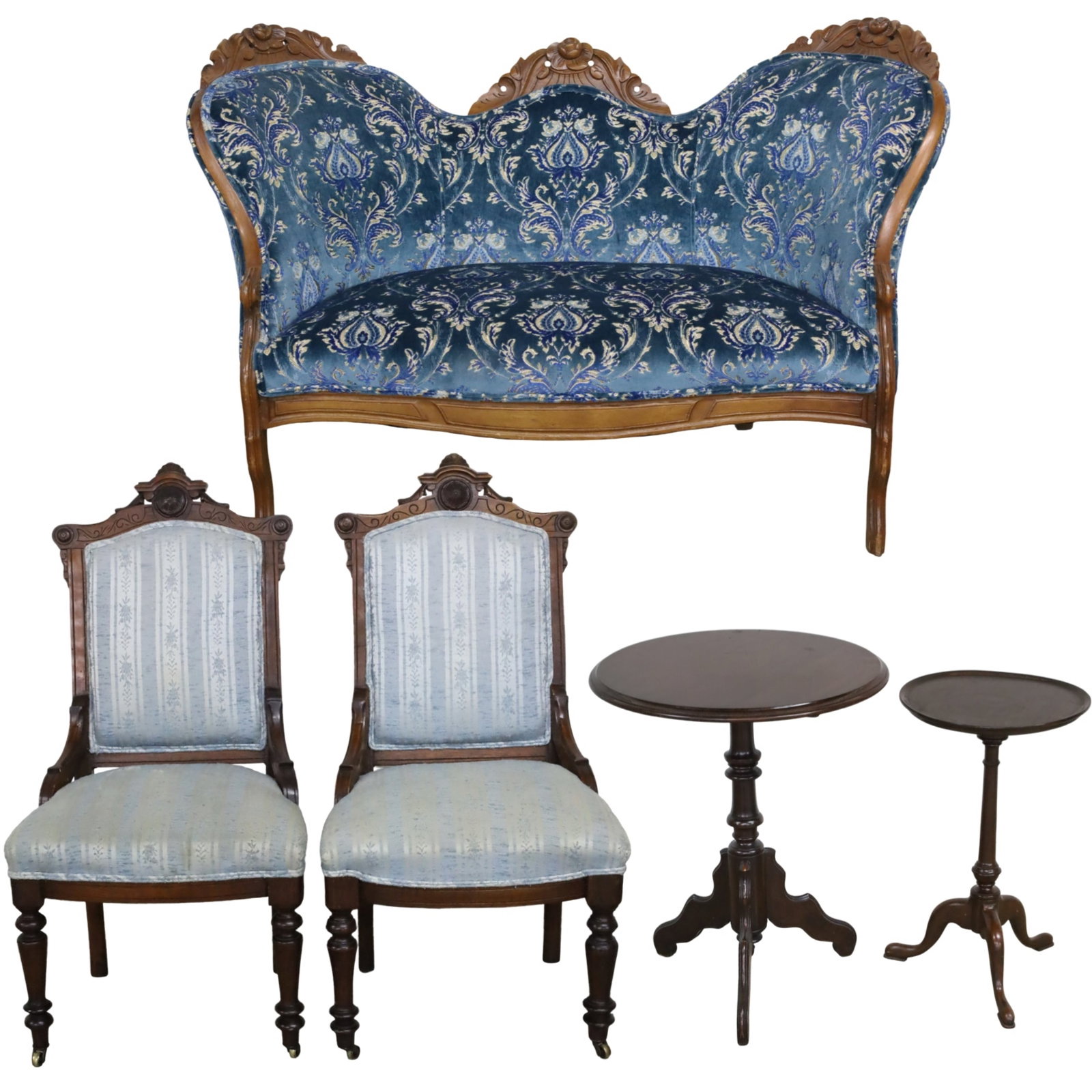 5PC SUITE OF VICTORIAN FURNITURE: Five piece parlor suite of American Victorian furniture including a flare back settee, pair of side chairs, and two tripod tables; settee 33"H 48"W 18"D pair 39"H 21"W 16"D tables 26"H 16"top and 29.5