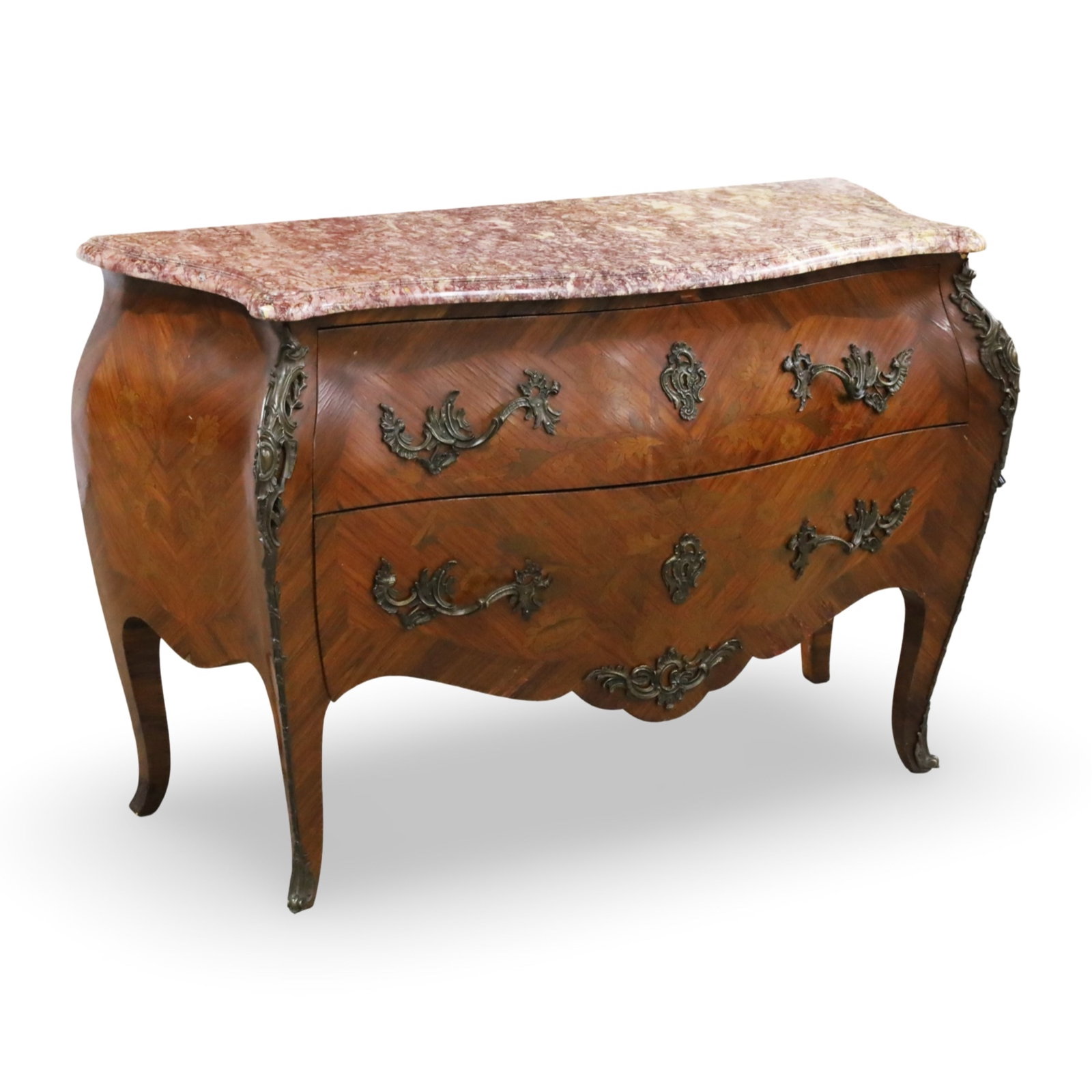 LOUIS XV STYLE MARBLE TOP MARQUETRY COMMODE: Louis XV style walnut marquetry marble top commode, bronze mounted with satinwood floral inlay, early 20th century; 33.5"H 51"W 21"D