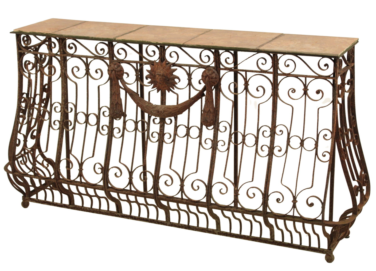 BOMBE SHAPED WROUGHT IRON CONSOLE: Bombe shaped wrought iron narrow console with tile top having roset raised festoon drape design; 32"H 60"W 12"D