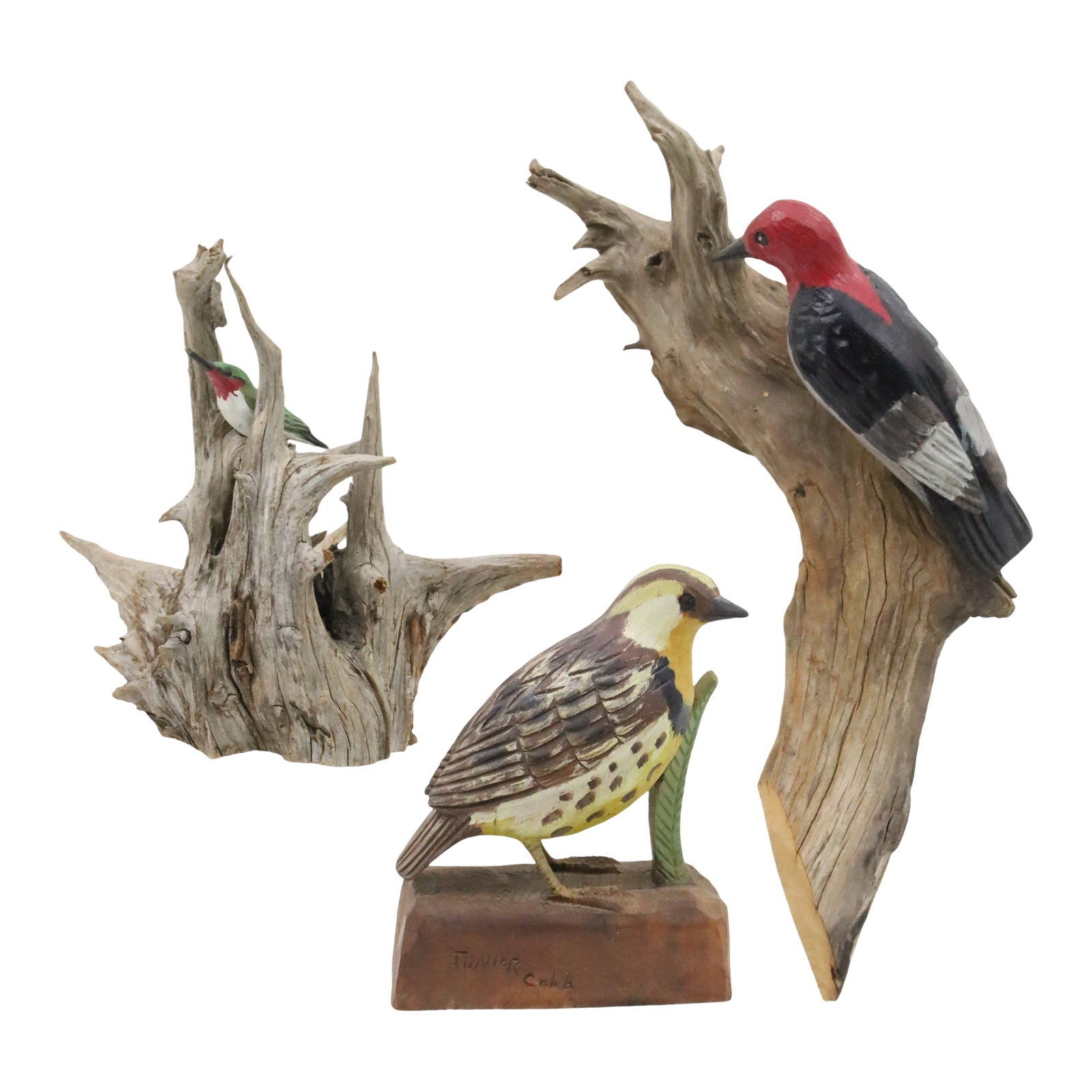 3PC JUNIOR COBB COLLECTION: Three piece collection of folk art bird carvings by Junior Cobb (Arkansas, 1944-2019) each signed by artist; largest 15"L