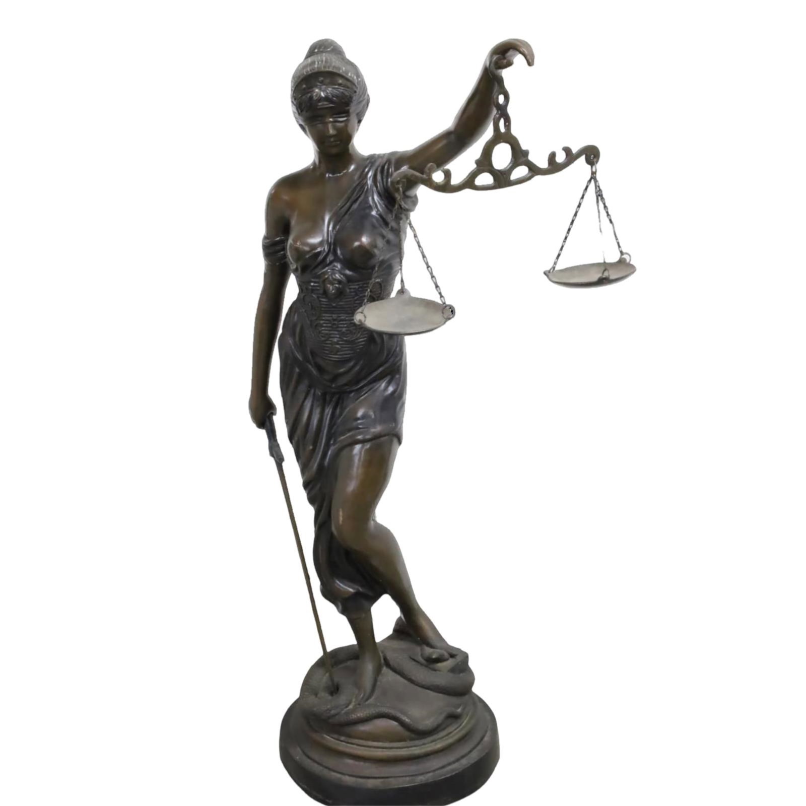 BRONZE SCULPTURE OF LADY JUSTICE: Large bronze statue of Lady Justice, classically modeled as a partially clad goddess holding a sword and balance scale, serpent underfoot, unsigned, early 20th century; 47.5"H