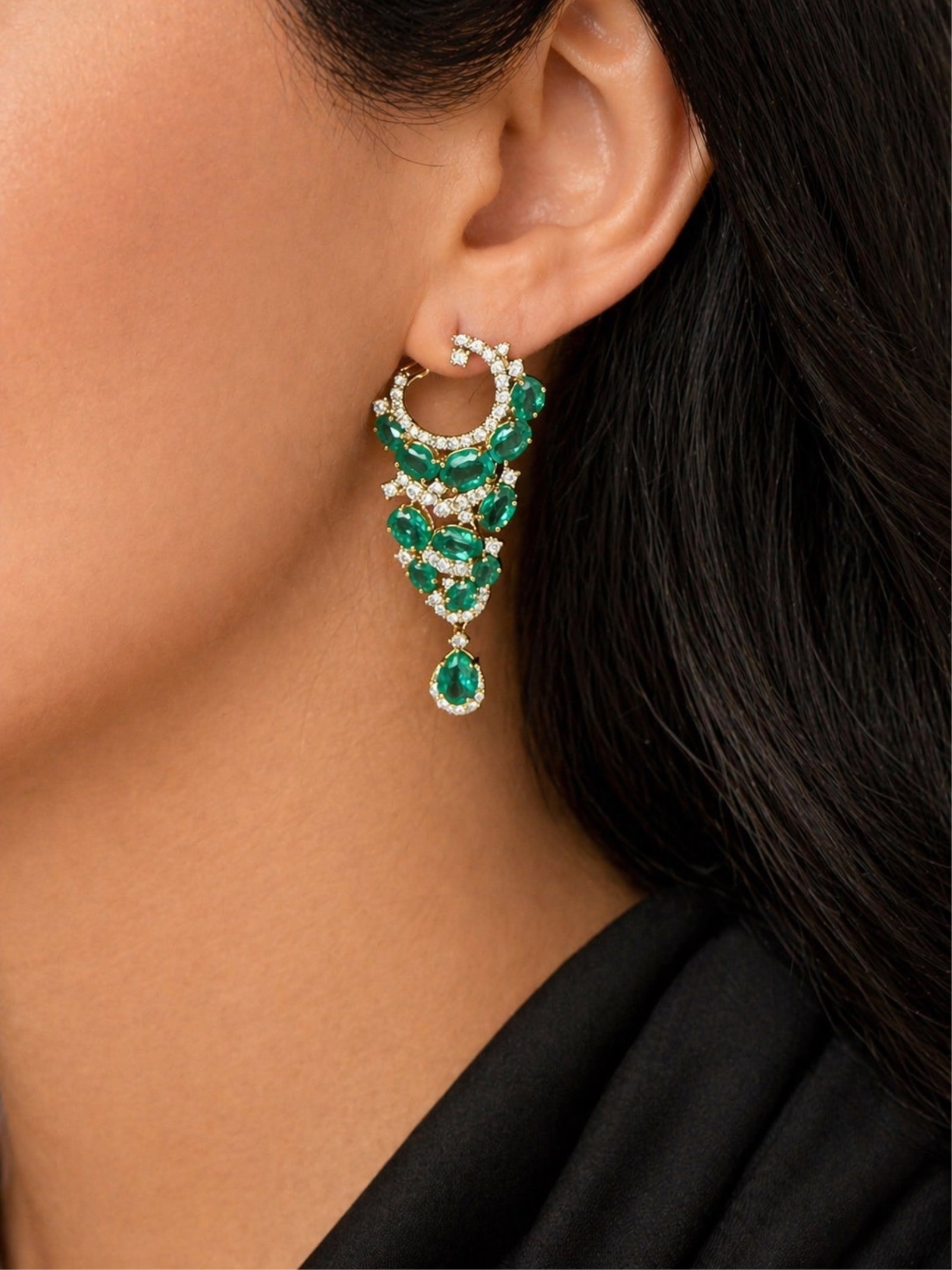 14K GOLD EMERALD AND DIAMOND EARRINGS: 14k yellow gold emerald and diamond earring with 9.59cts of emeralds and 2.54cts of diamonds. total weight of 10.7grams. drop is 50mm. Please see all photos and appraisal