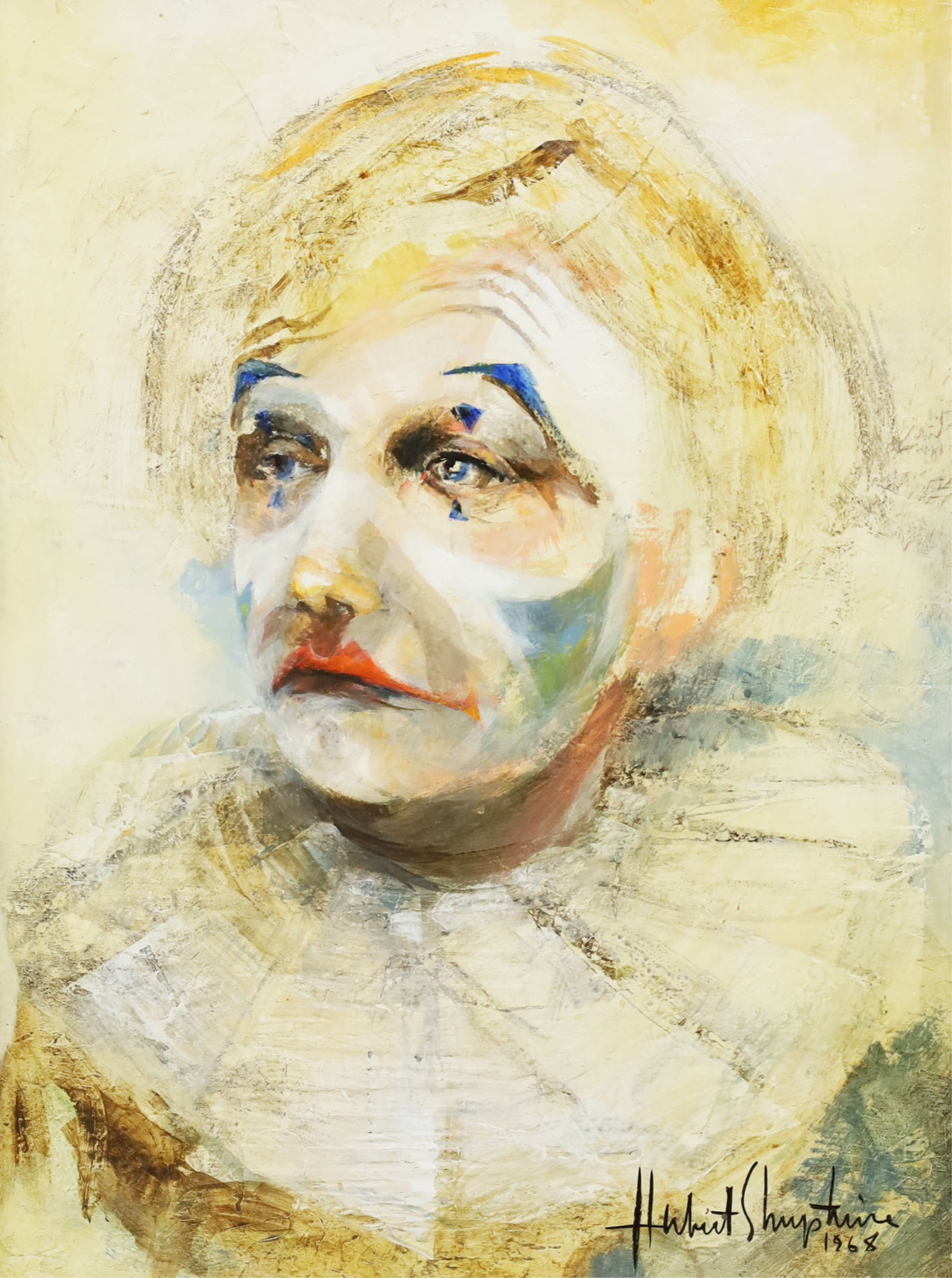 HUBERT SHRUPTRINE (TENNESSEE, 1936-2006): Oil on canvas portrait of a clown by Hubert Shruptrine (Tennessee, 1936-2006) signed lower right dated 1968, mounted in frame; canvas 16"H 12"W overall 24"H 19.5"W