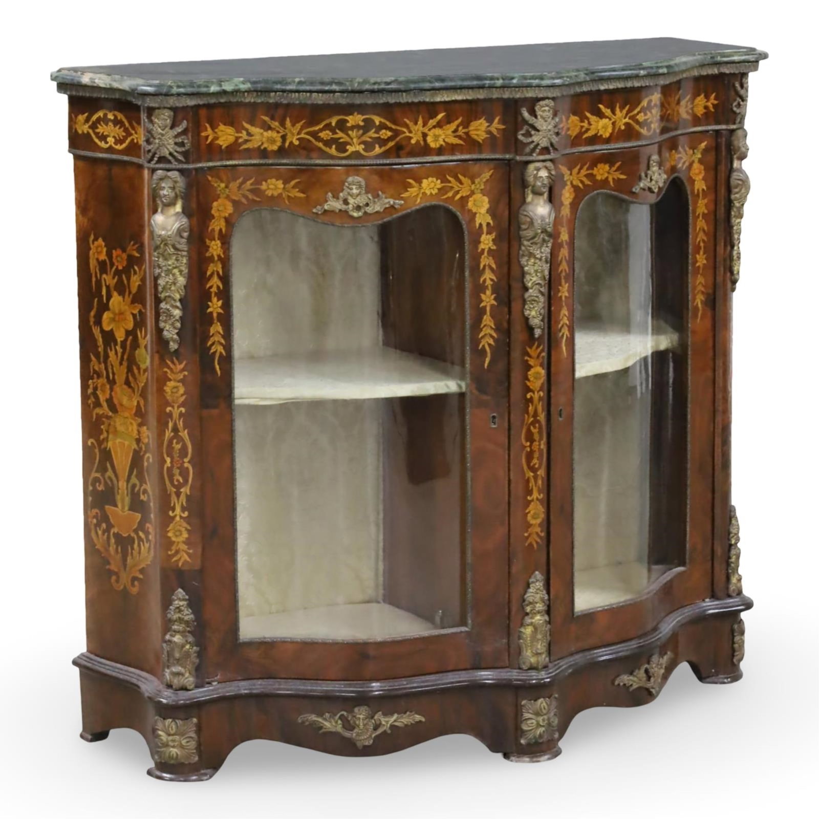 NAPOLEAN III STYLE ROSEWOOD VITRINE: Napoleon III style French serpentine rosewood vitrine, having fine marquetry inlay case with bronze mounts, hand blown glass cabinet doors, and green marble top, 1st qtr. 20th C.; 43"H 48"W 23"D