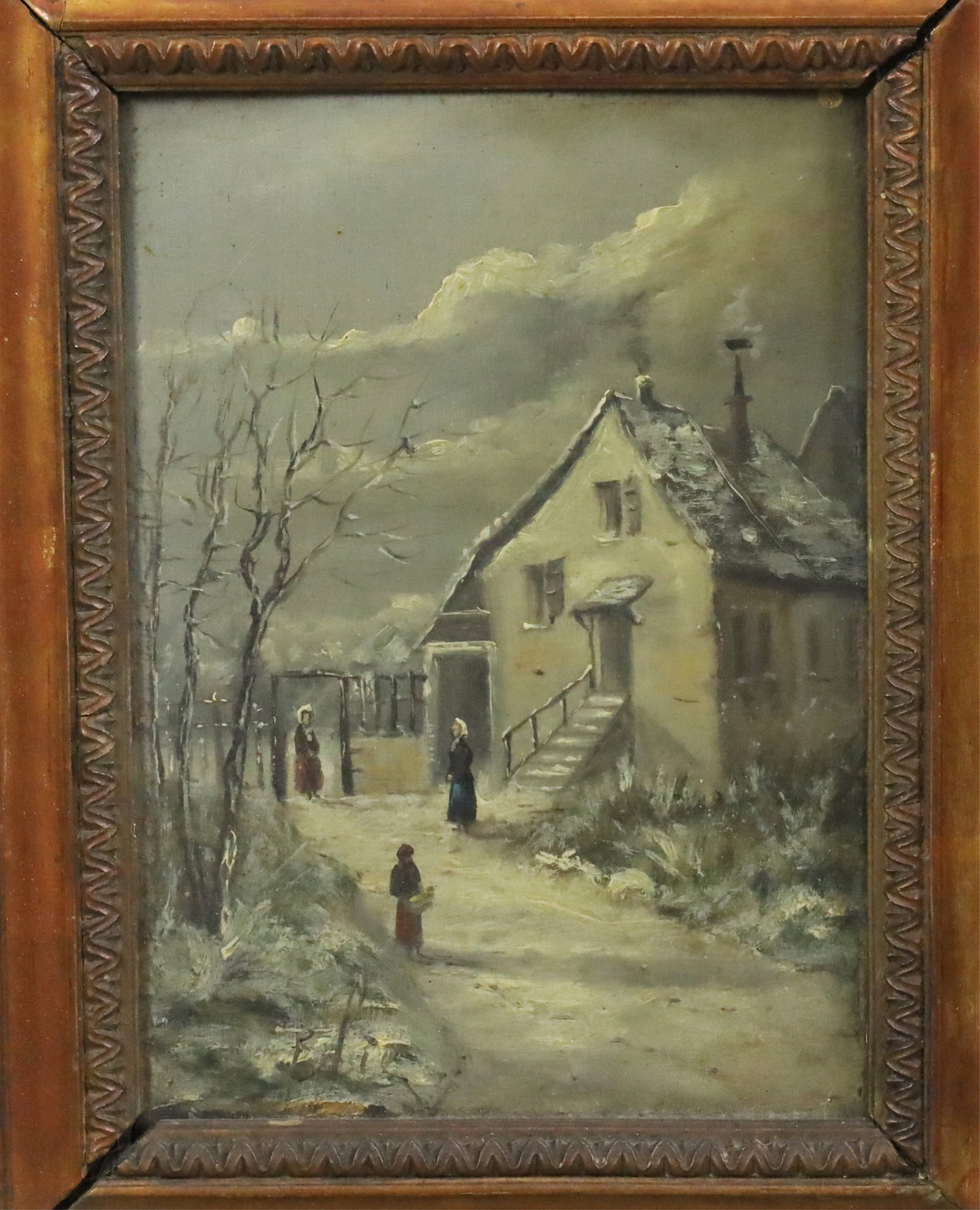 DUTCH SCHOOL O/B WINTER LANDSCAPE PTG, 19TH C.: Dutch school oil on board landscape painting depicting figures walking wintry village streets, signed Elie? lower left, mounted in period giltwood frame, late 19th century; 15"H 13"W overall