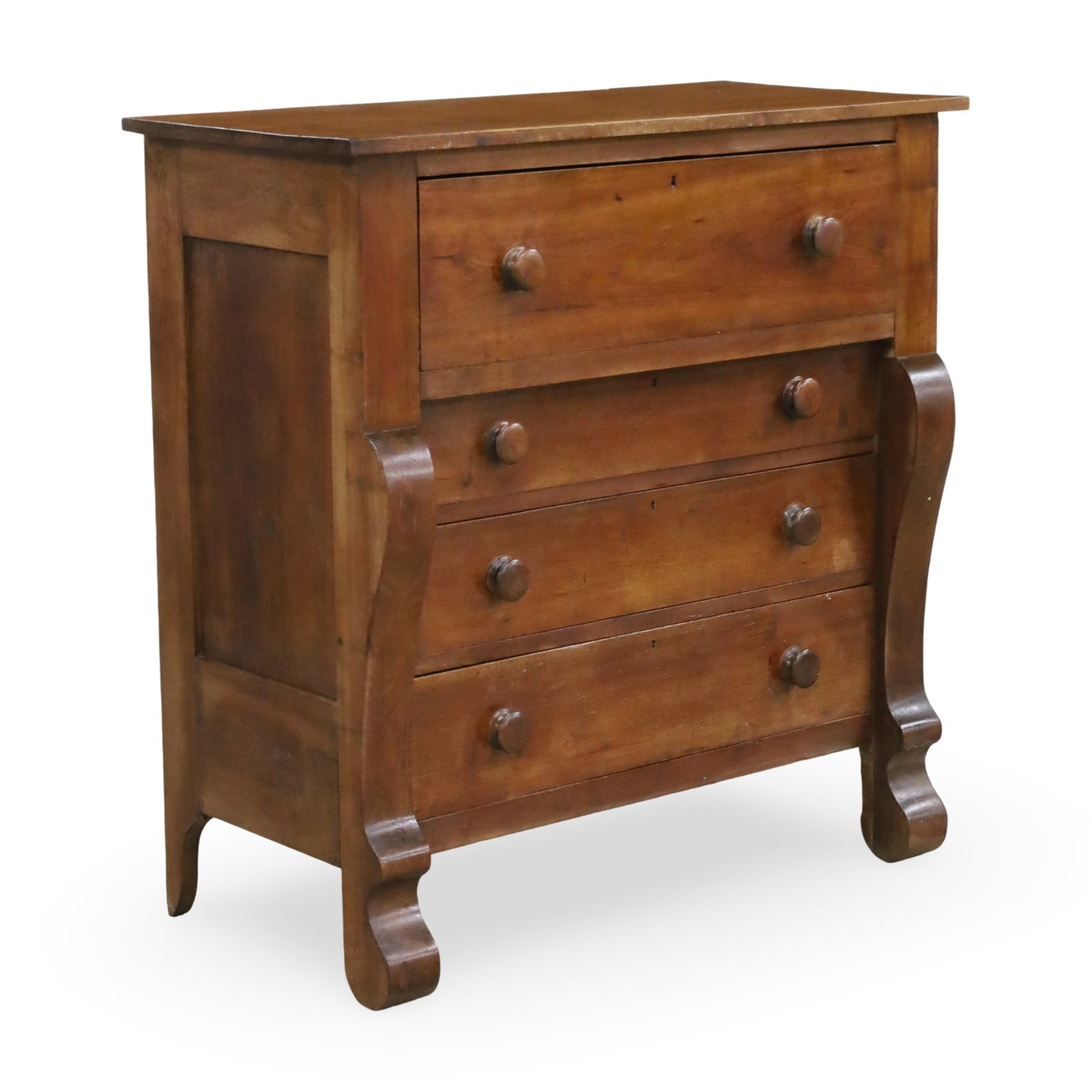 AMERICAN EMPIRE MAHOGANY CHEST OF DRAWERS, 19TH C.: American Empire mahogany chest of drawers, block front with downswept scroll column supports, 19th century; 46"H 45"W 21.5"D
