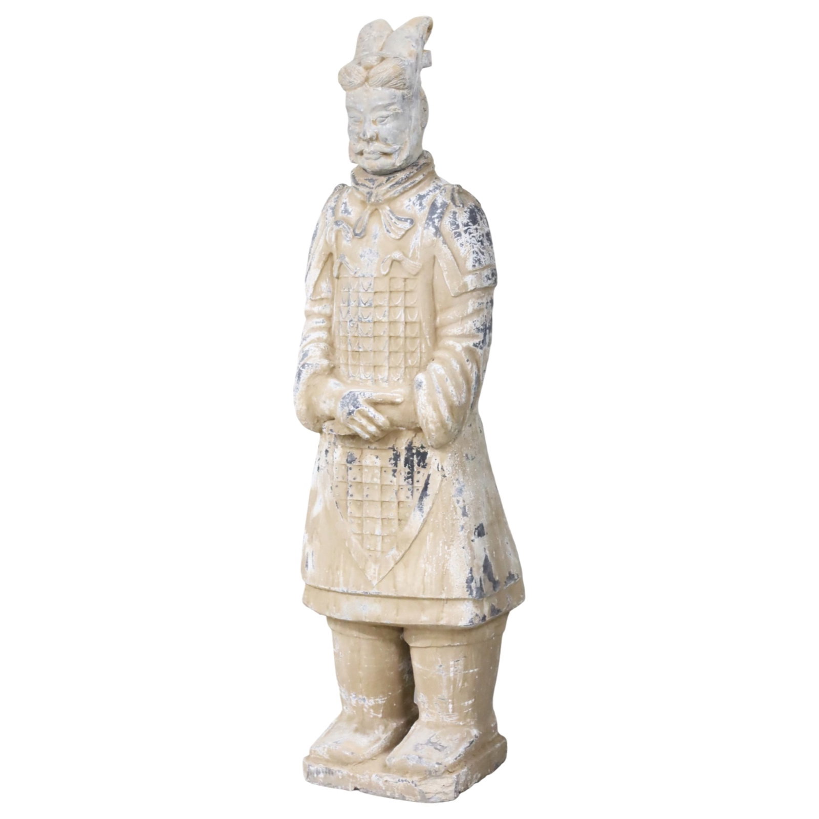 CHINESE TERRACOTTA XIAN WARRIOR: Life size Chinese terracotta Xian warrior statue, 20th century; 66"H 17"W 14"base