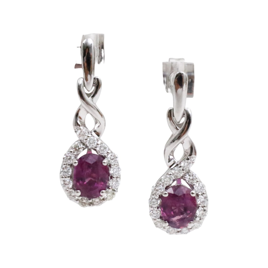14K KASHMIR SAPPHIRE AND DIAMOND EARRINGS: 14k white gold pink/purple kashmir GIA sapphires and diamond earrings. 1.79cts of sapphires and .45cts of diamonds. total weight of 3.7grams. Please see all photos, appraisal, and GIA#5232890595. Note