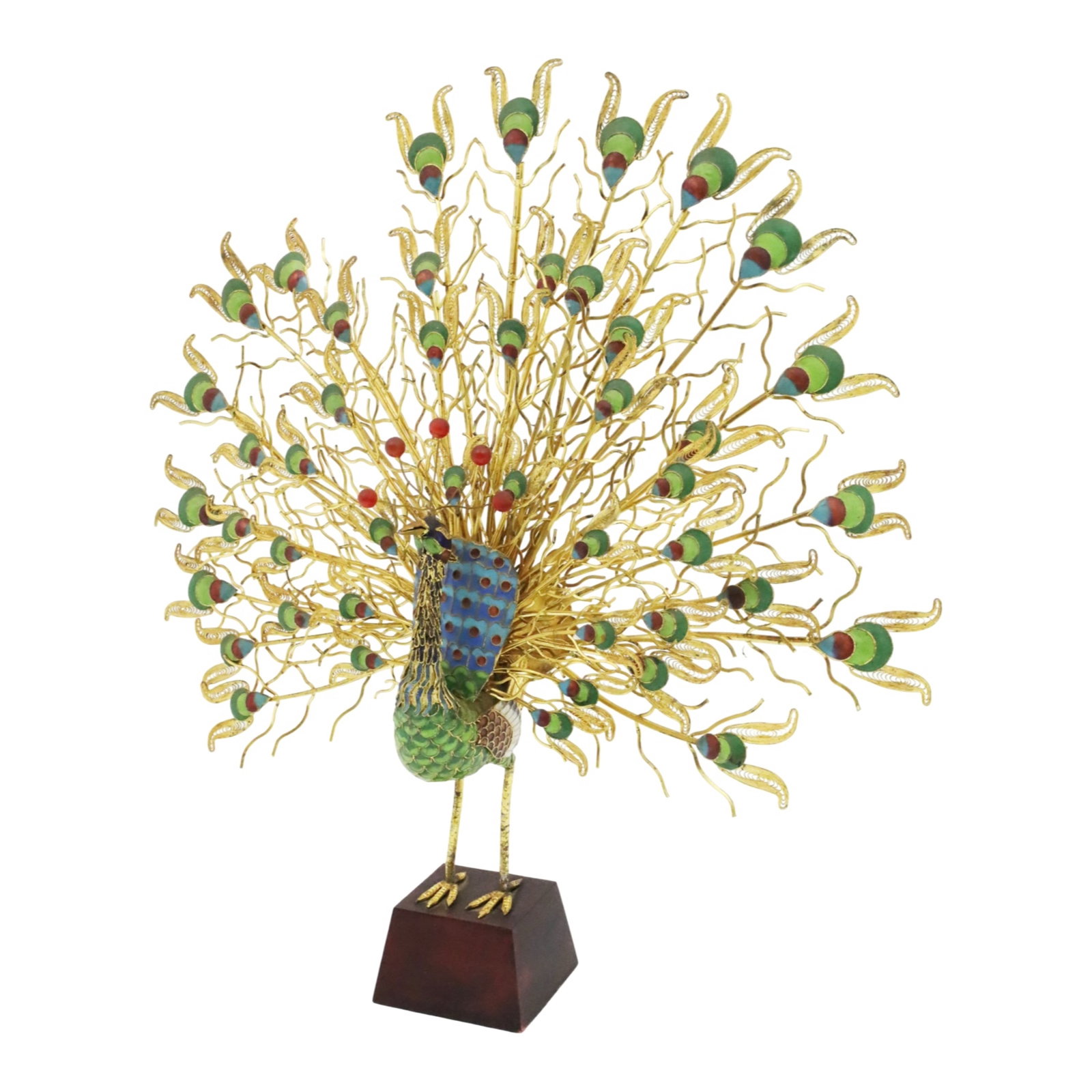 CHINESE ENAMEL AND FILIGREE PEACOCK: Large Chinese enamel and gilt filigree sculpture of a peacock, early 20th century; 22"H 20"W
