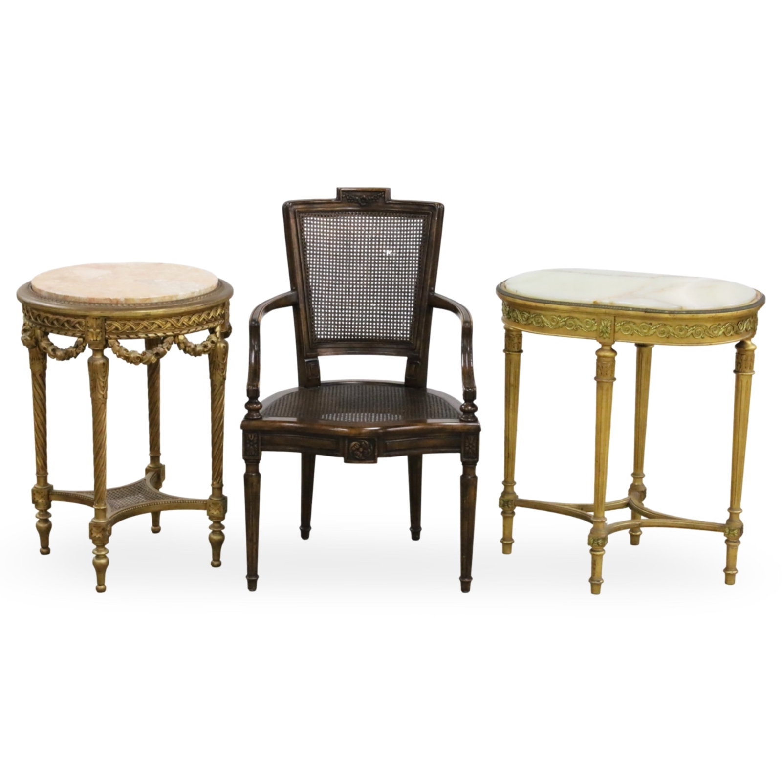 3PC LOT OF LOUIS XVI STYLE FURNISHINGS: Three piece lot of Louis XVI stye furnishings including circular marble top side table, caned armchair, and oval onyx side table, late 19th/early 20th century; onyx table 29"H 19"W 26"D, chair 37"H 23