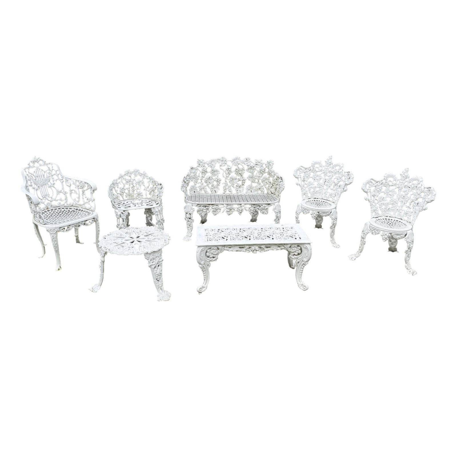 7PC LOT OF CAST ALUMINUM GARDEN FURNITURE: Seven piece lot of cast aluminum garden furntiure, including matching grape pattern pair of chairs with starburst seats, settee, and side chair, a Victorian lyre back chair, trifid foot side table, an