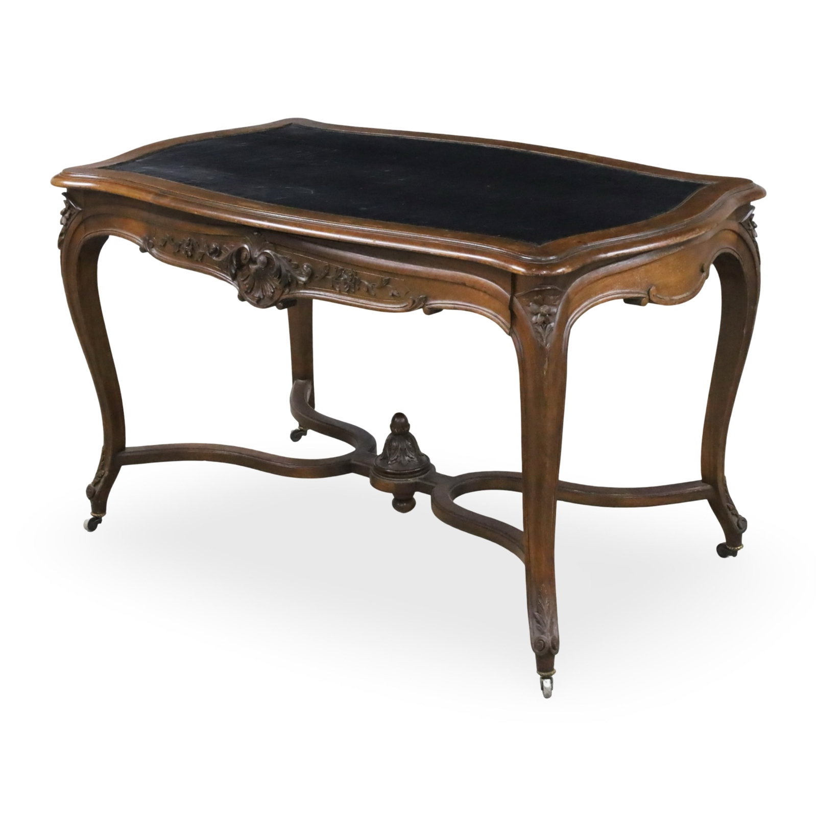 LOUIS XV STYLE PROVINCIAL WALNUT BUREAU, 19TH C.: Louis XV style provincial carved walnut serpentine one drawer leather top bureau with shaped understretcher, 19th century; 30"H 51"W 30"D