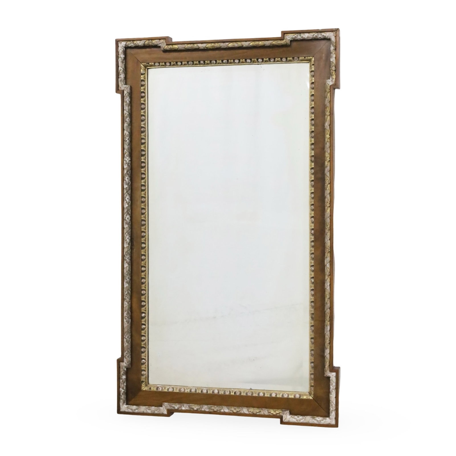 GEORGE II STYLE BEVEL GLASS MIRROR: Decorative George II style bevel glass mirror having bracketed corners with braided rosette and egg-and-dart molded borders, 20th century; 59"W 35"W