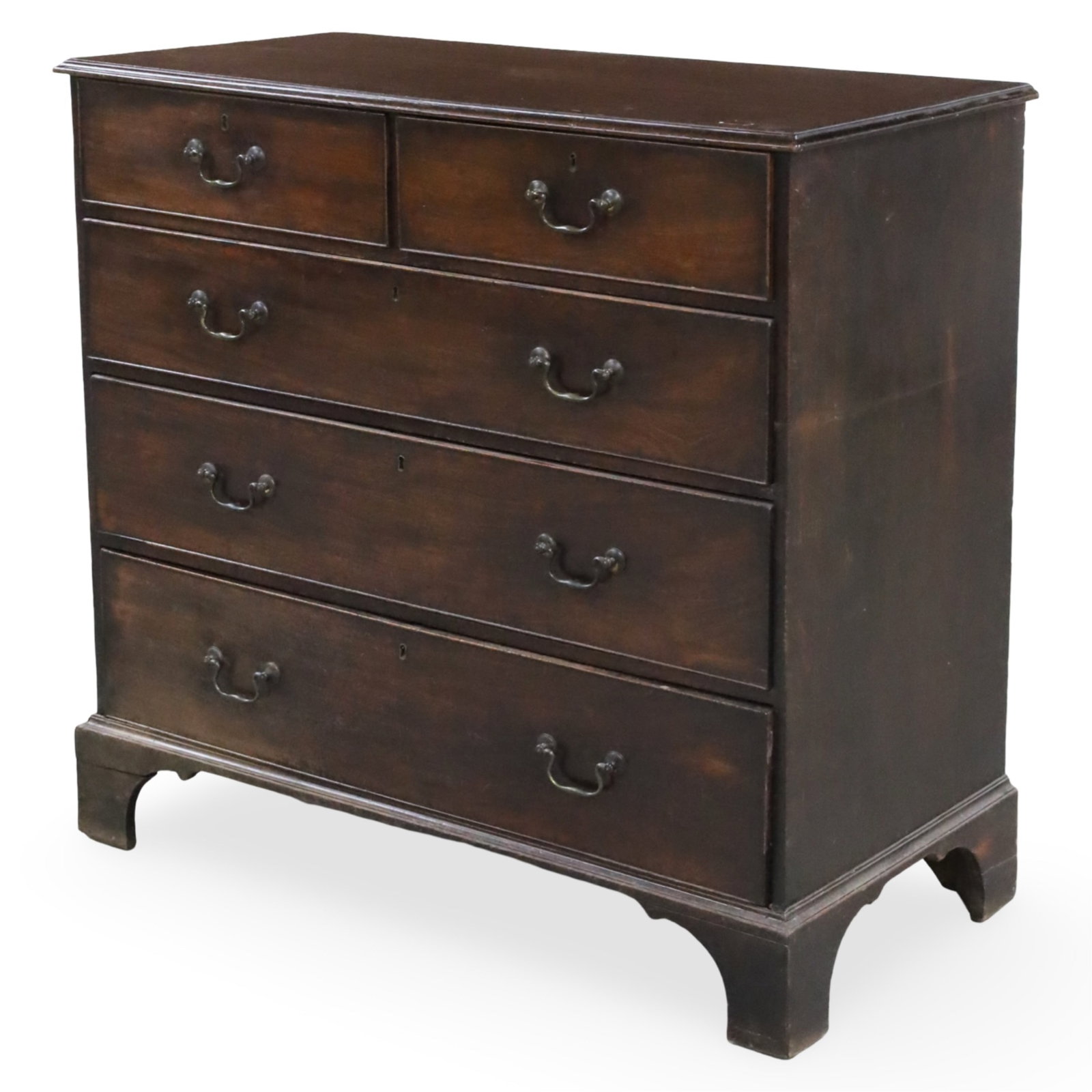 ENGLISH MAHOGANY CHEST OF DRAWERS, 19TH C.: English mahogany straight front chest of drawers on bracket feet, 19th century; 43"H 46"W 22"D