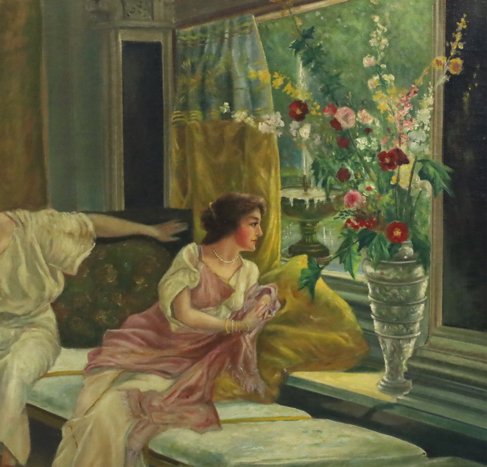 VAIN COURTSHIP, AFTER SIR LAWRENCE ALMA-TADEMA: Oil on canvas interior scene painting depicting a young beauty awaiting her suitor, after the work "Vain Courtship" by Sir Lawrence Alma-Tadema R.A. (Dutch/British, 1836-1912); 46"H 36"W overall