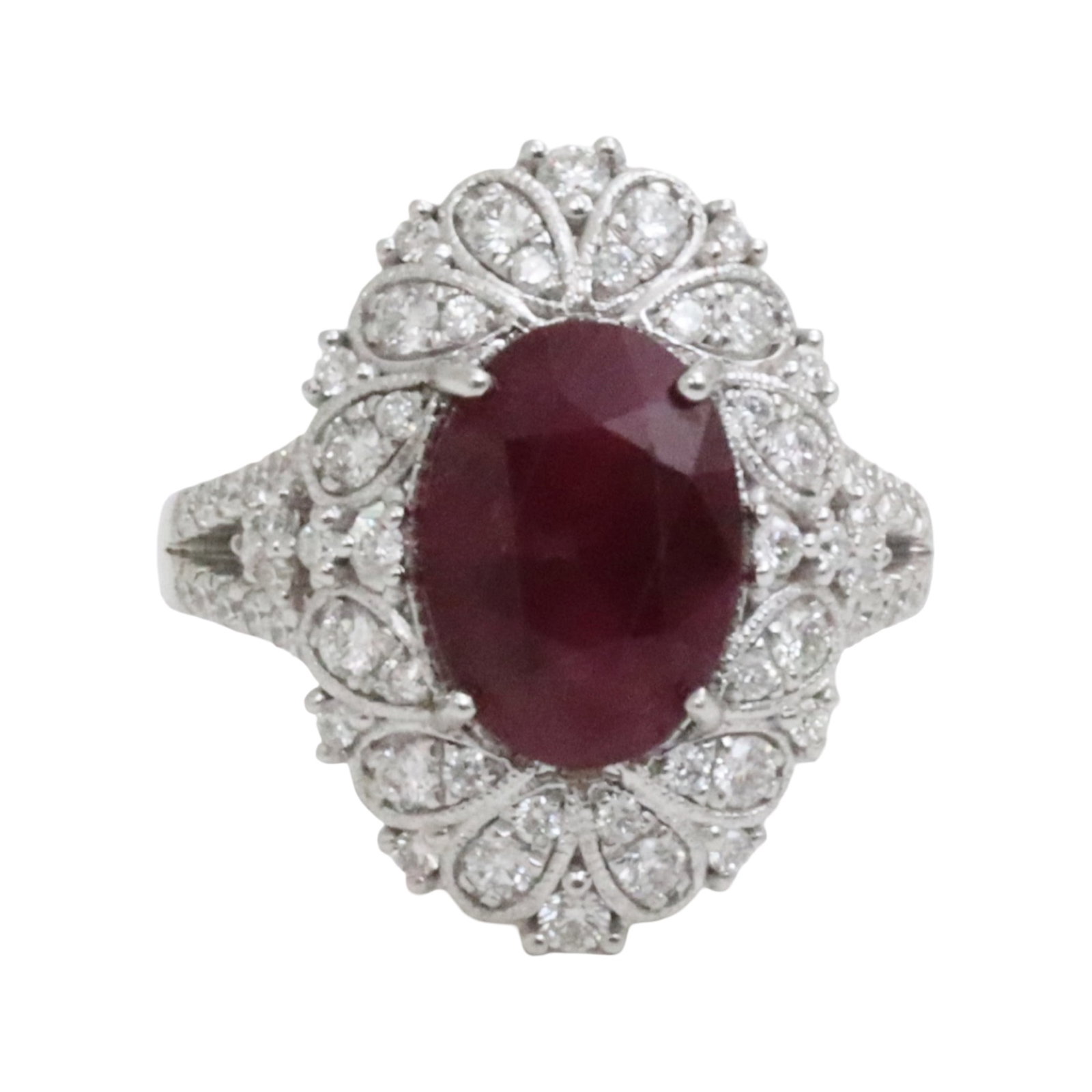 GIA BURMESE RUBY 3.95CT RING: Platinum natural Burmese ruby and diamond ring with oval round brilliant 3.95ct rubya and .82cts of VS1-VS2 diamonds. size 6.5. total weight 8.9grams. Please see all photos, appraisal, and GIA#1236552