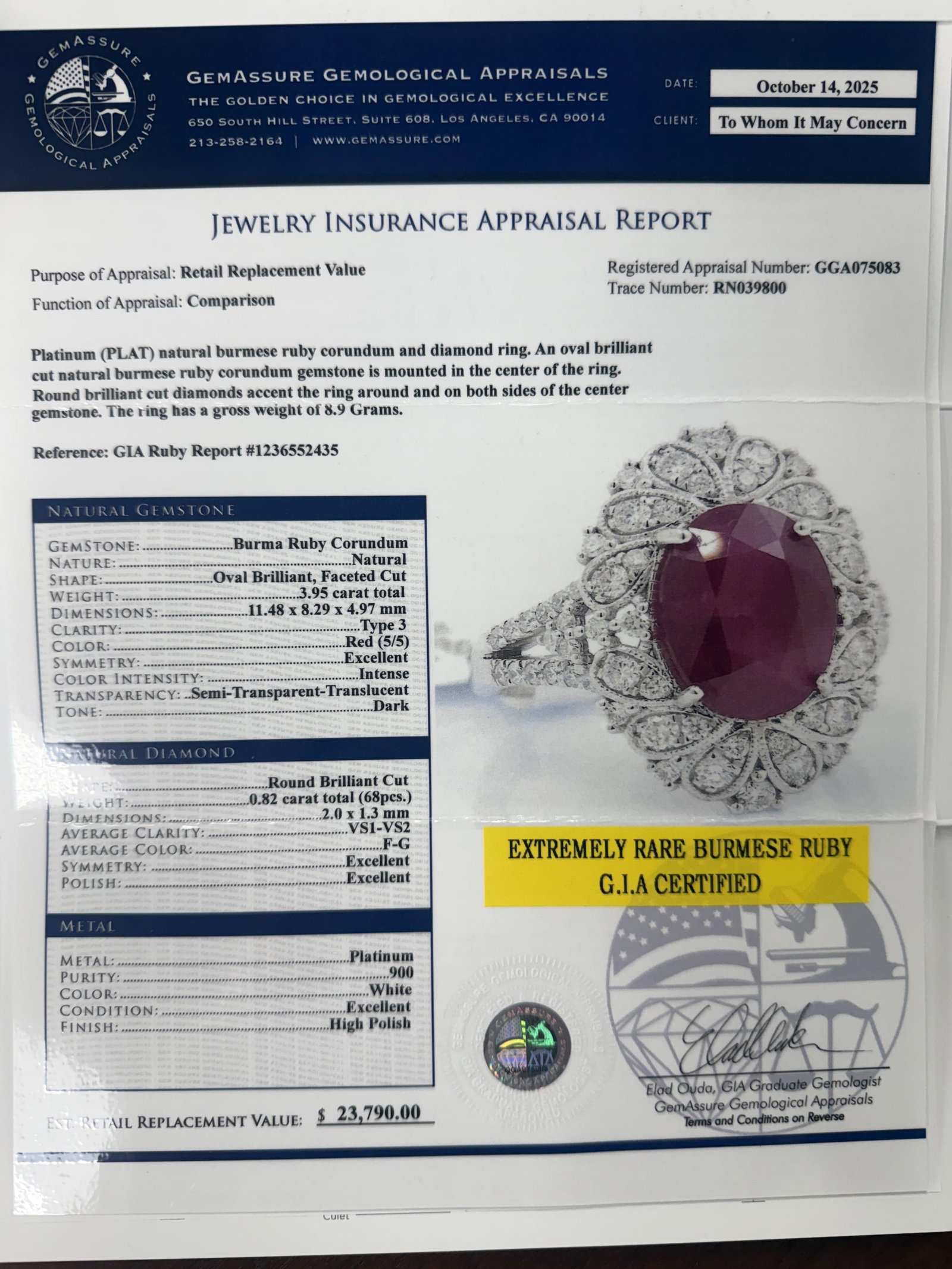 GIA BURMESE RUBY 3.95CT RING - 5