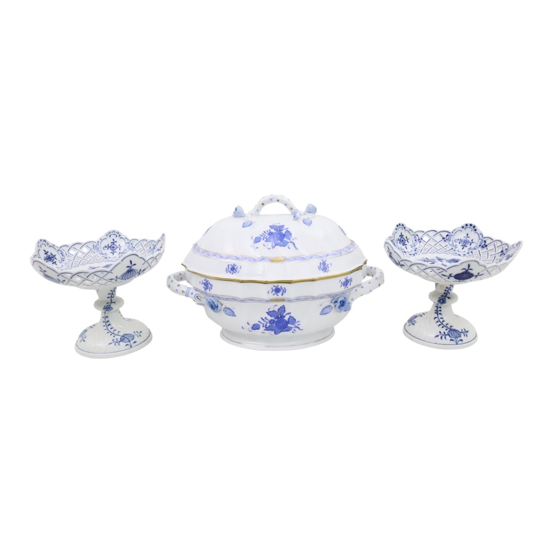 3PC LOT OF PORCELAIN, INCL. MEISSEN, HEREND: Three piece lot of Continental porcelain, including a pair of Meissen reticulated compotes, blue onion pattern, along with a Herend blue and white soup tureen, Chinese Bouquet pattern, all marked on r