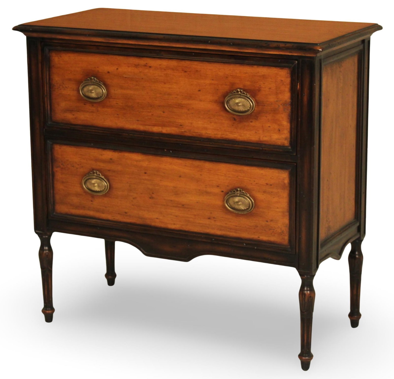 LOUIS XVI STYLE COMMODE, THEODORE ALEXANDER: Louis XVI style fruitwood 2 drawer commode having interior label reading "Chateau du Vallois" by Theodore Alexander; 36"H 38"W 18"D