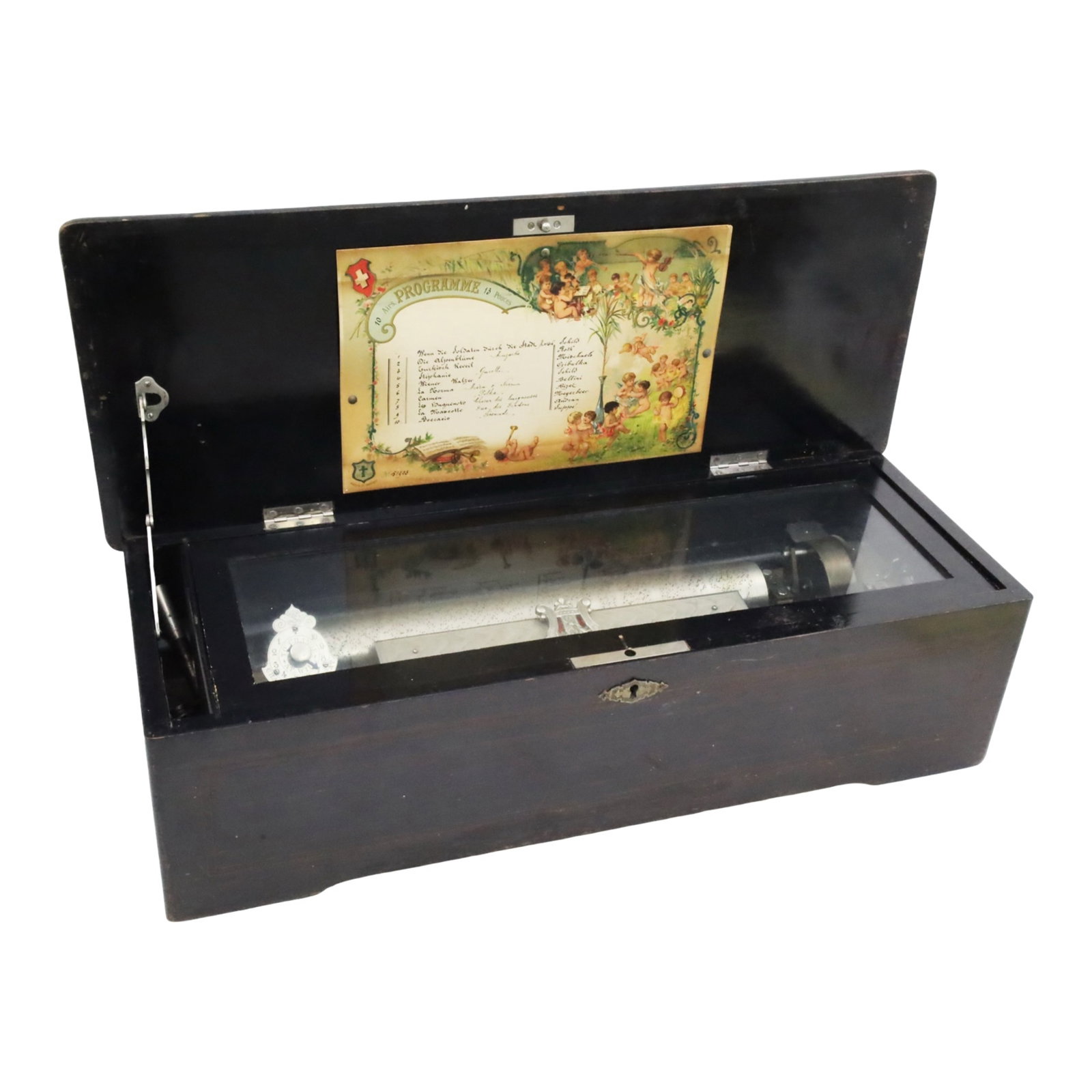MERMOD FRERES SWISS MUSIC BOX: Swiss cyclinder music box by Mermod Freres, walnut case with marquetry inlaid top, maintaining case and winding key, early 20th century; 7"H 25"W 9.5"D