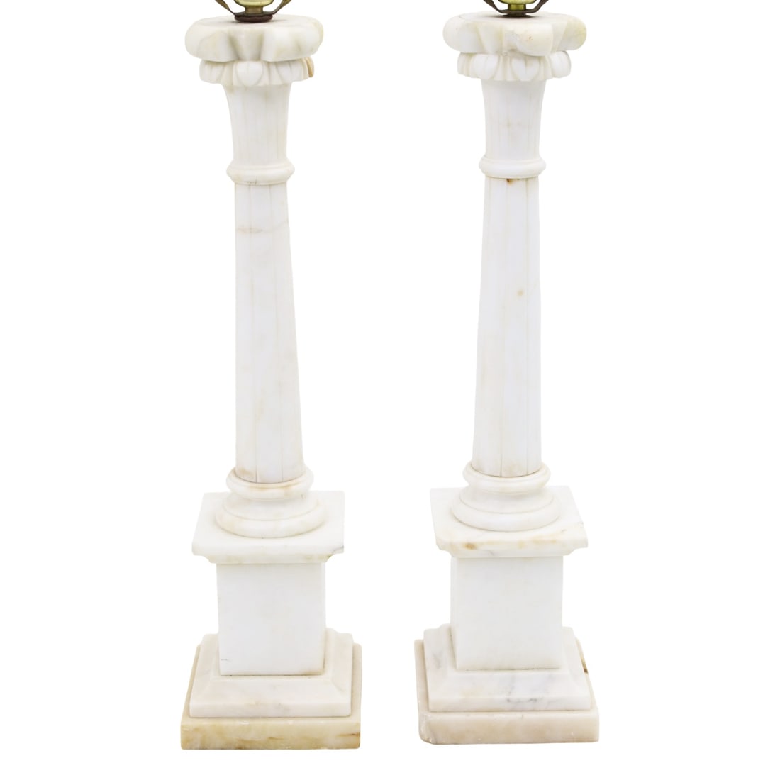 PR MARBLE GREEK COLUMN LAMPS: Pair of marble Greek column lamps, 20th century, silk shades available; 32"H overall; Condition: loss to top of one column observed, see photos