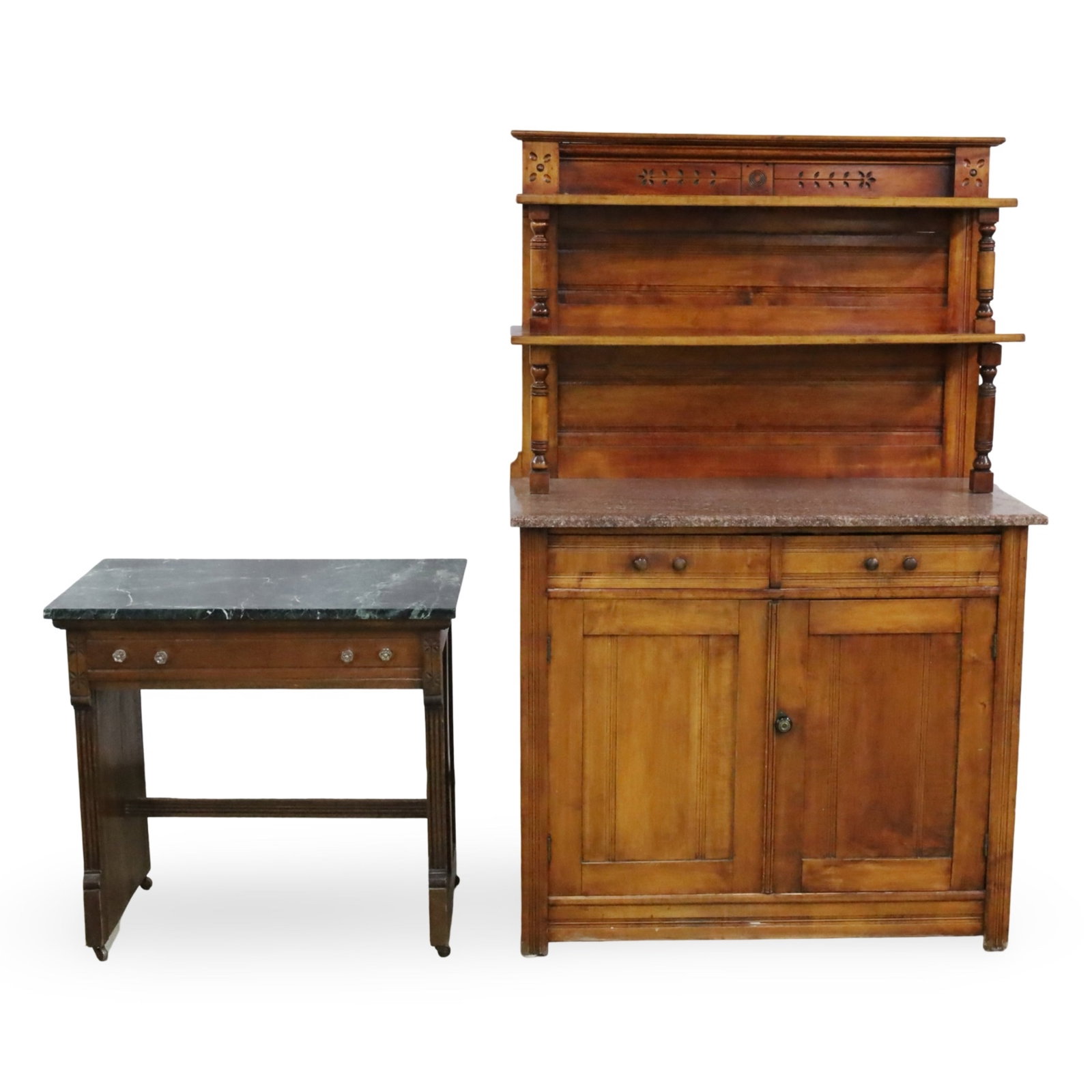 2PC VICTORIAN WALNUT FURNISHINGS: Two pieces of American Victorian walnut marble top furnishings, including a buffet and small writing desk, late 19th century; 64.5"H 41"W 20"D and 29.5"H 30.5"W 18"D