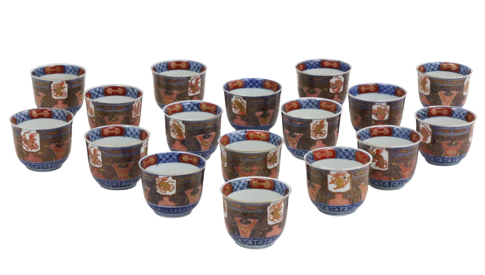 17 CHINESE IMARI PORCELAIN CUPS: Set of 17 Chinese porcelain cups, Imari palette, having six character mark on reverse, early 20th century; each 3"H 3.5" diameter