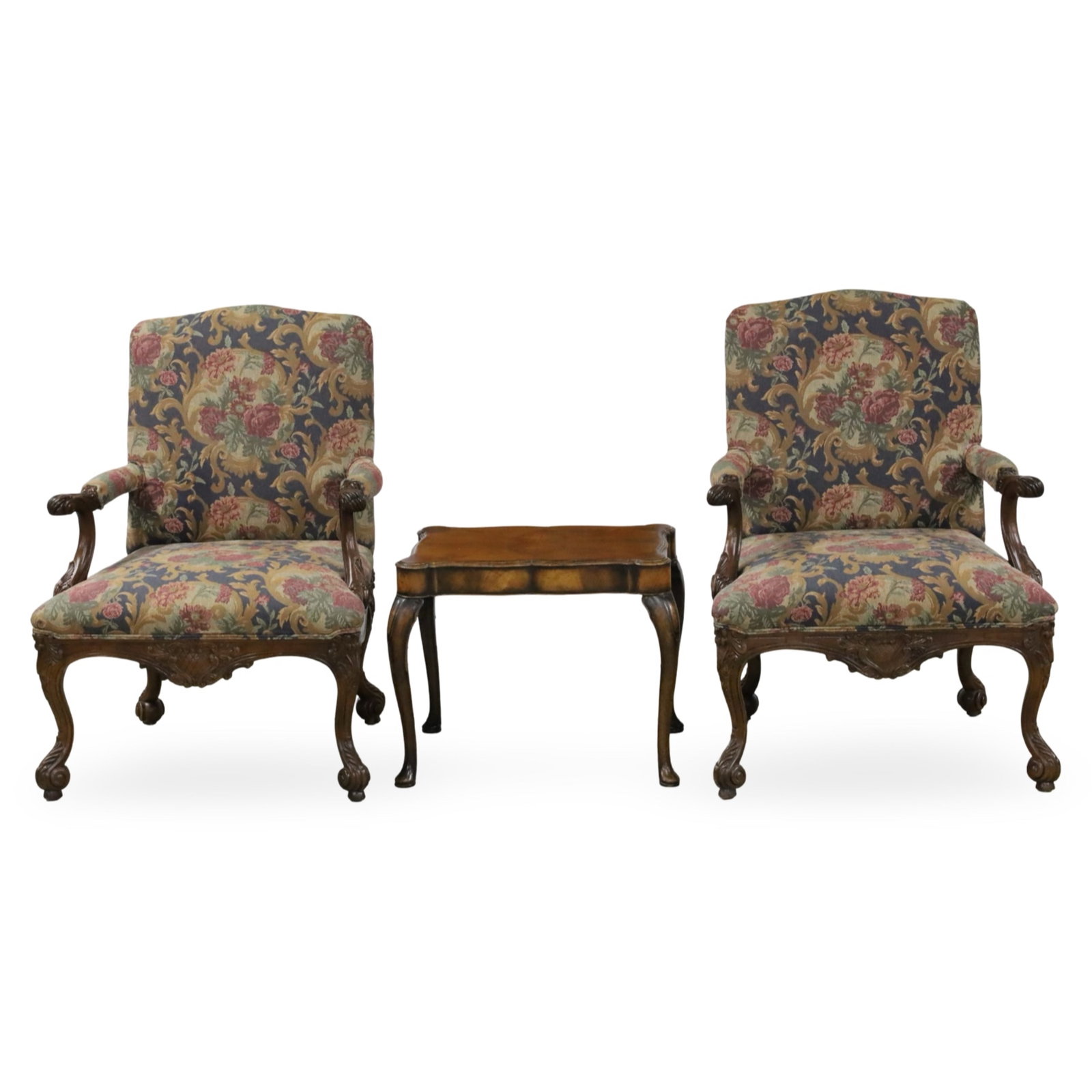 PR GEORGIAN STYLE ARMCHAIRS AND SIDE TABLE: Three piece lot of Georgian style furniture consisting of a pair of armchairs with heavily carved scroll arms and feet, along with a Queen Anne style side table, 20th century; chairs 40"H 29"W 23"D