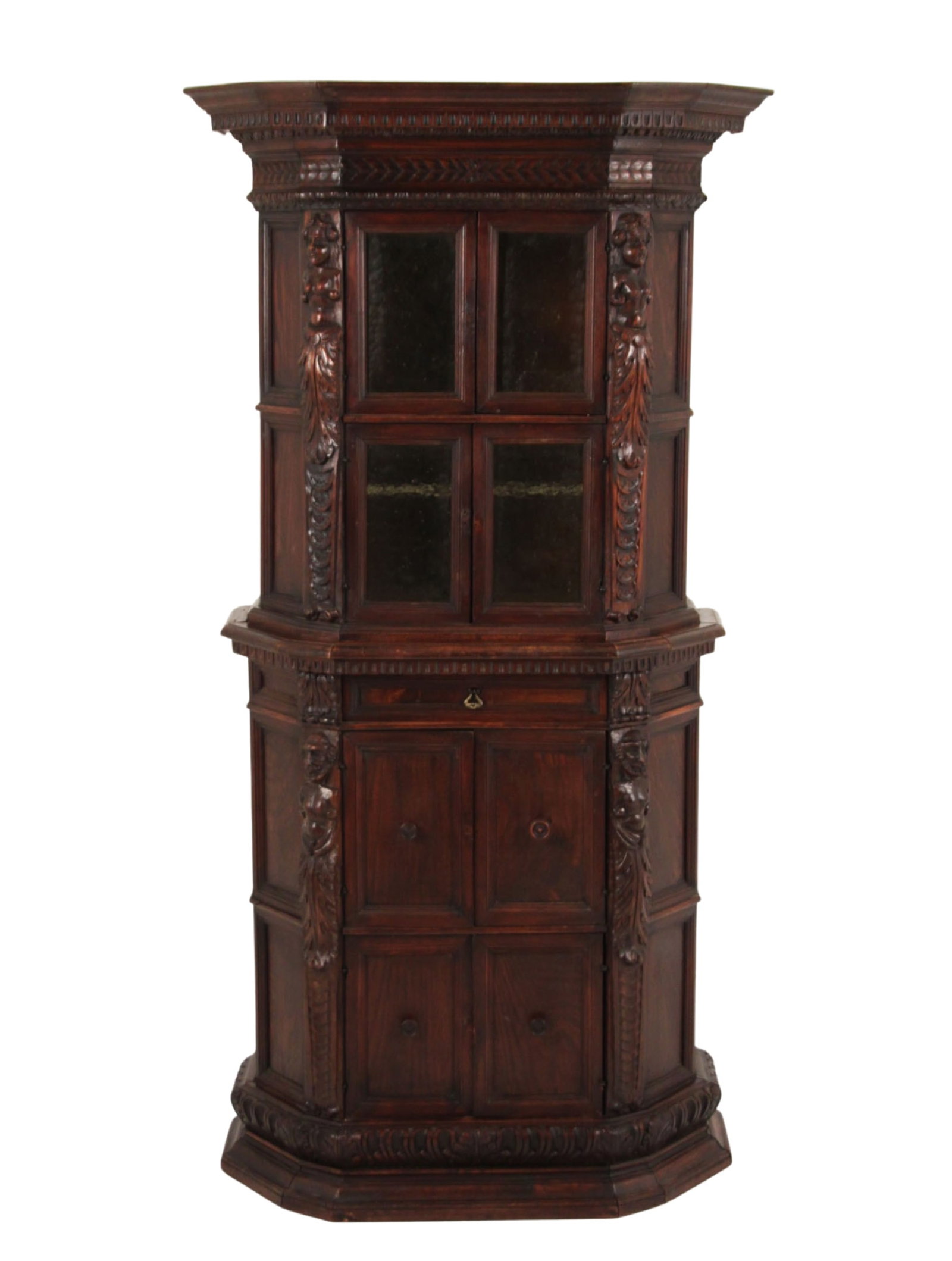 SMALL ITALIAN RENAISSANCE STYLE CABINET: Small Italian Renaissance style carved walnut two part cabinet; 63.5"H 33"W 15"D
