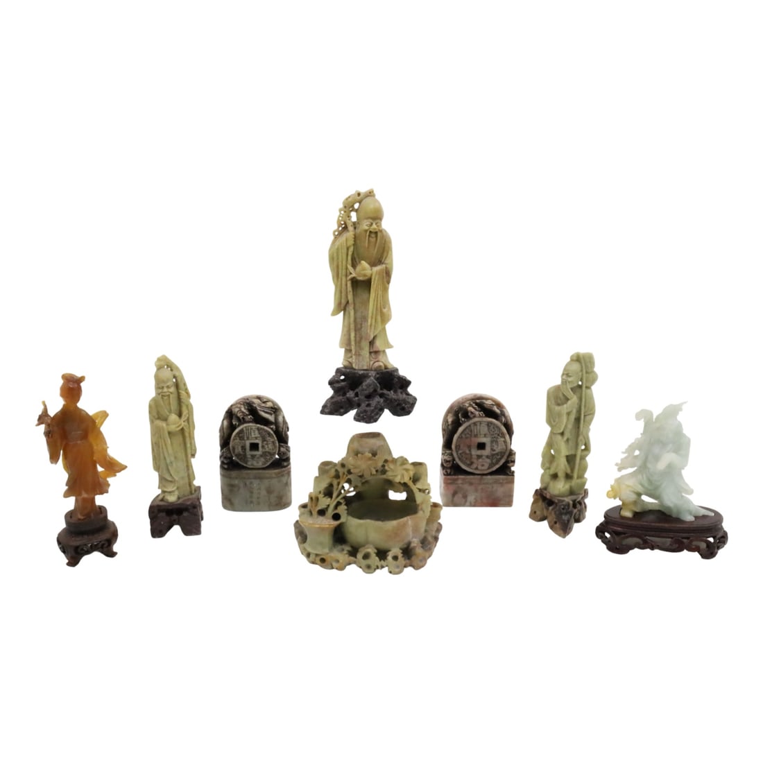 8PC LOT OF CHINESE CARVED STONE ITEMS: Eight piece lot of Chinese carved stone figural items, including soapstone figures and wax seals, along with other figures in jade and agate; largest 8"H