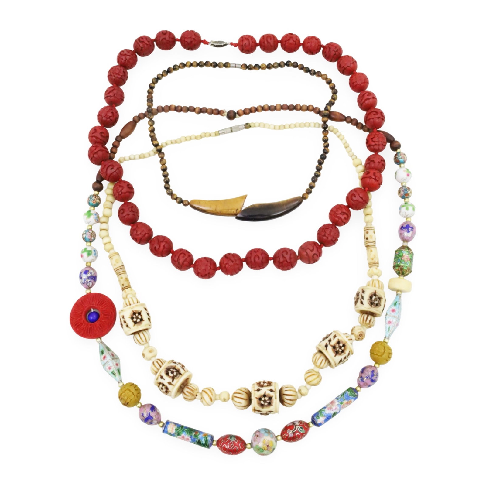 4PC LOT OF CHINESE COSTUME JEWELRY: Four piece lot of Chinese costume jewelry, one Tigers Eye, one cinnabar, one carved bone, and a cloisonne enamel bead necklace, early 20th century; largest approx. 30"L, smallest 18"L