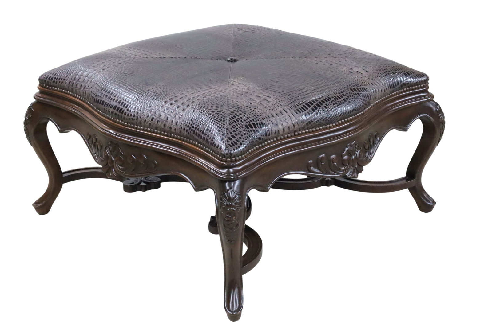 LOUIS XV STYLE ALLIGATOR BENCH: Elegant Louis XV style carved mahogany bench with shaped apron supported by cabriole legs and intersecting stretcher, alligator upholstered seat, 20th century; 22"H 36"W 36"D