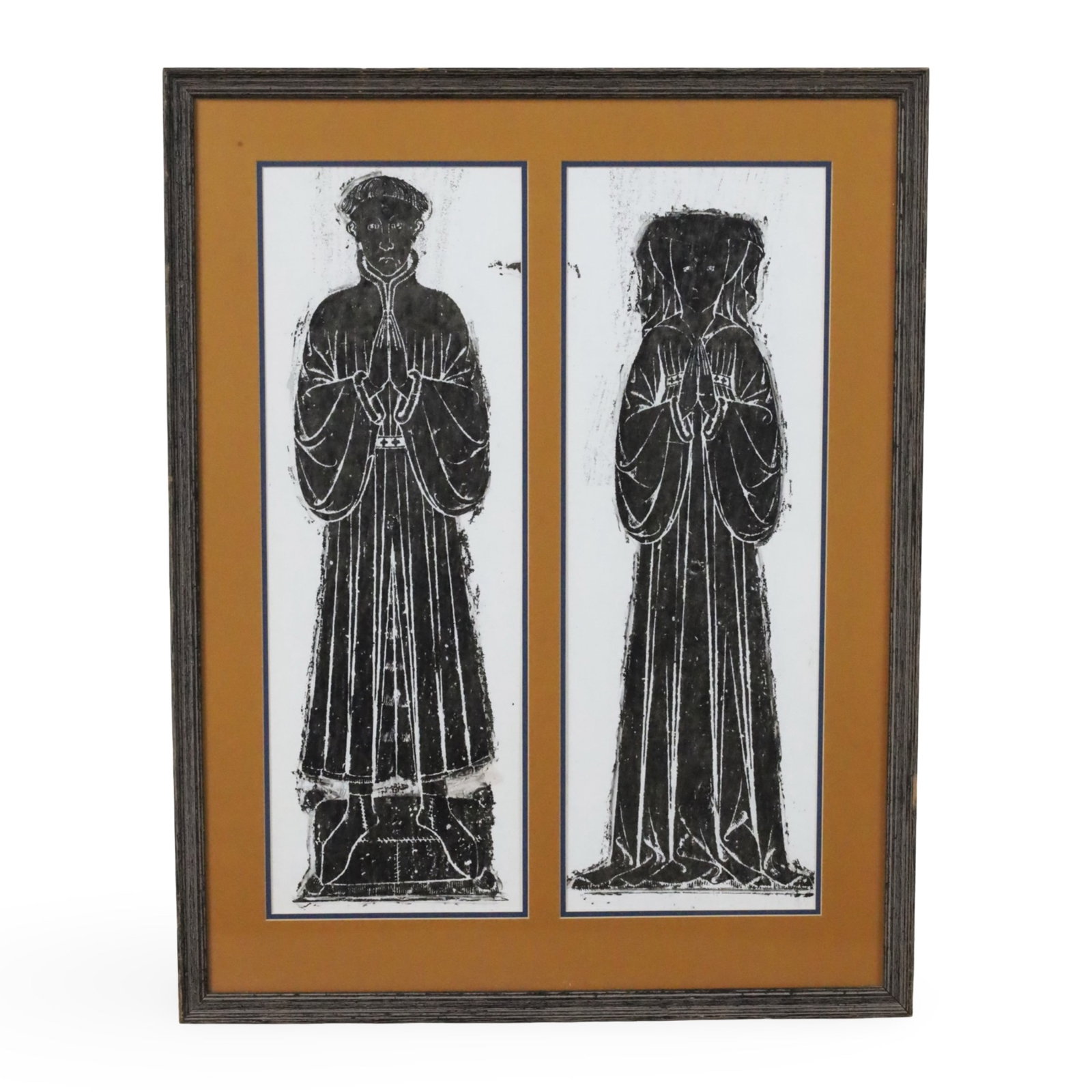 PR BRASS RUBBINGS, ALL HOLLOWS CHURCH, LONDON: Pair of English brass rubbings depicting two saints, collected from All-Hollows-by-the-Tower church in London, circa 1990, matted in frame; 33"H 25.5"W overall