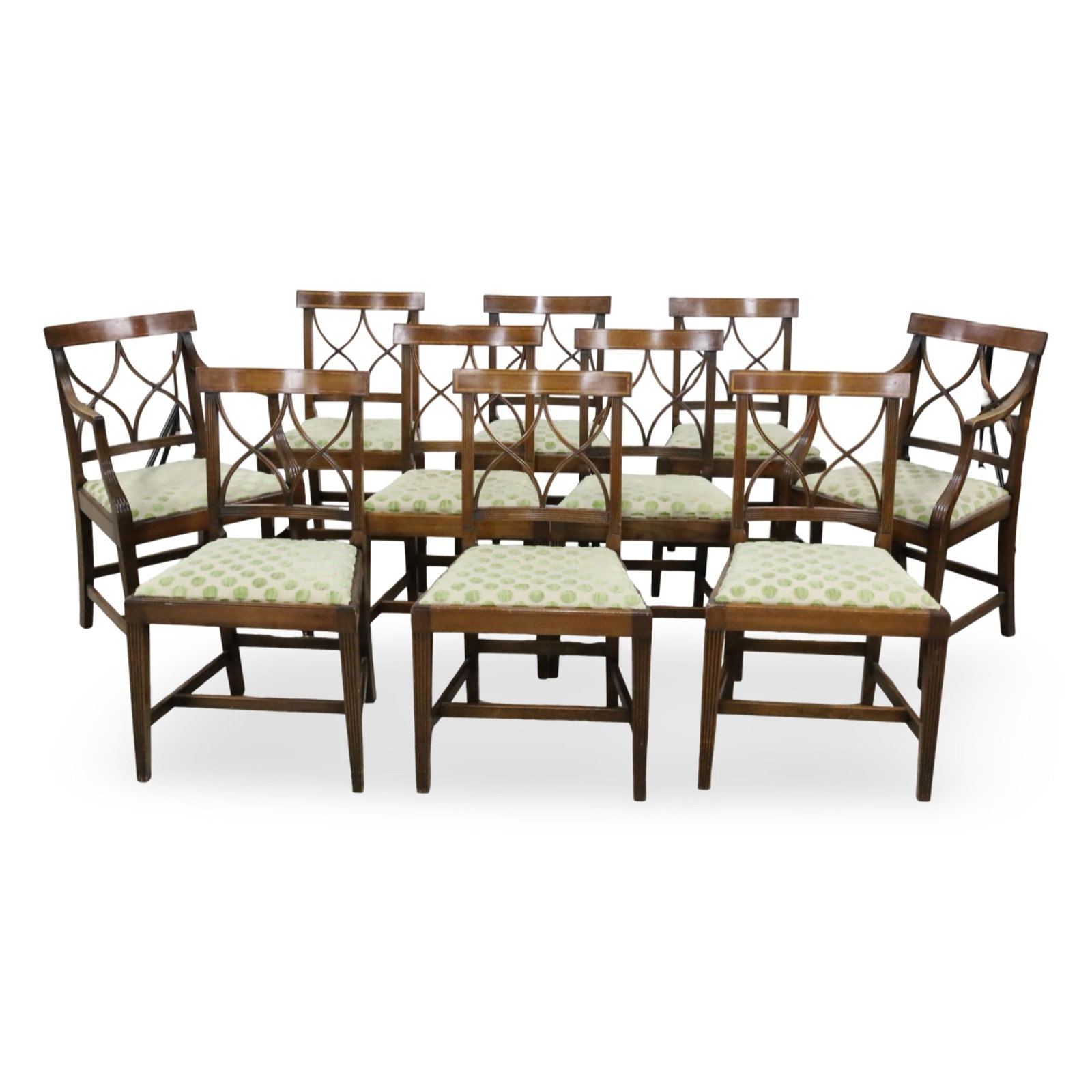 SET OF 10 SHERATON STYLE DINING CHAIRS: Set of ten Sheraton style dining chairs, consisting of eight side chairs and pair of arm chairs, having X framed back with tulipwood inlay on the back panel, a slip seat, and raised on tapered reeded 