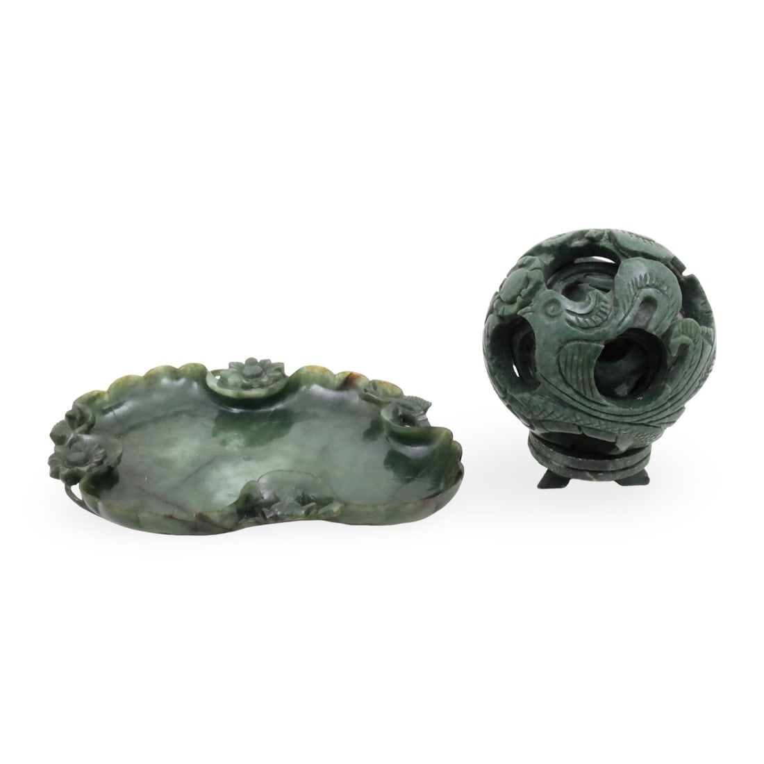 2PC LOT OF CHINESE JADE ITEMS: Two piece lot of Chinese carved jade items, including a free form dish with floral and frog accents, along with a multi layer puzzle ball; 5"H and 7.5"L