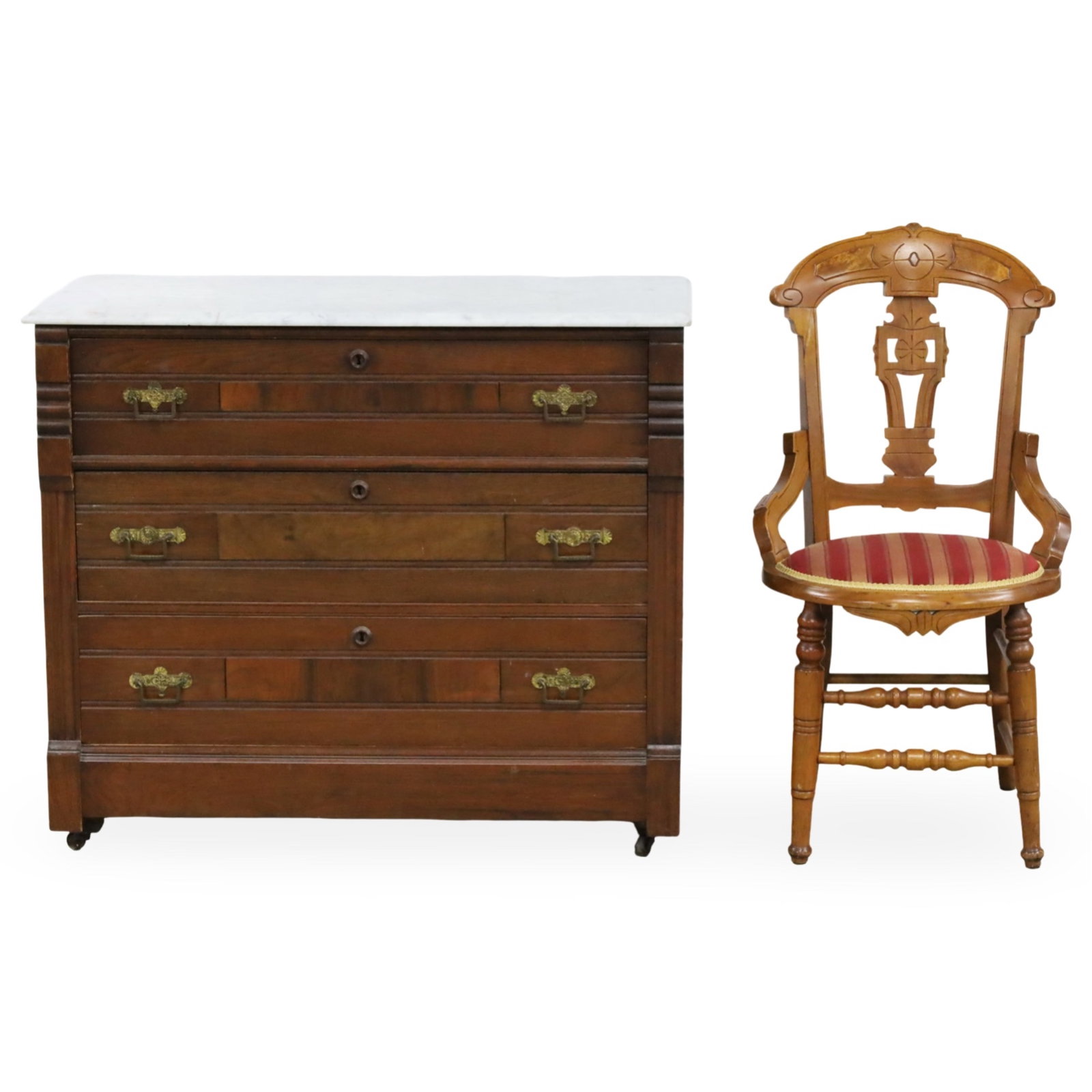 2PC LOT OF VICTORIAN EASTLAKE FURNISHINGS: Two piece lot of Victorian Eastlake furnishings, including a walnut marble top chest of drawers and walnut side chair, late 19th century; chest 34"H 39"W 17"D chair 36.5"H 19"W 18"D