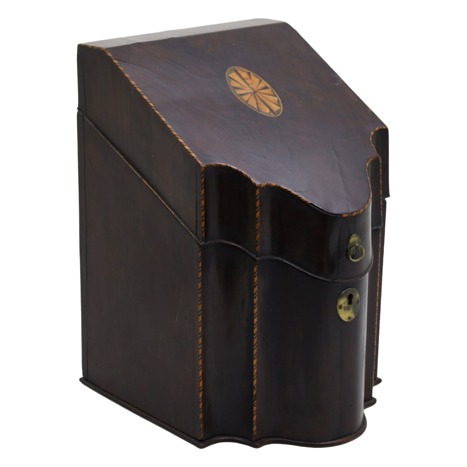 ENGLISH INLAID MAHOGANY KNIFE BOX, 19TH C: English mahogany knife box having satinwood rope inlaid edges, the lift top with fan inlay revealing a fitted interior, 19th century; 13.5"H 9"W 11"D; Condition: split to back, some lifting and separt