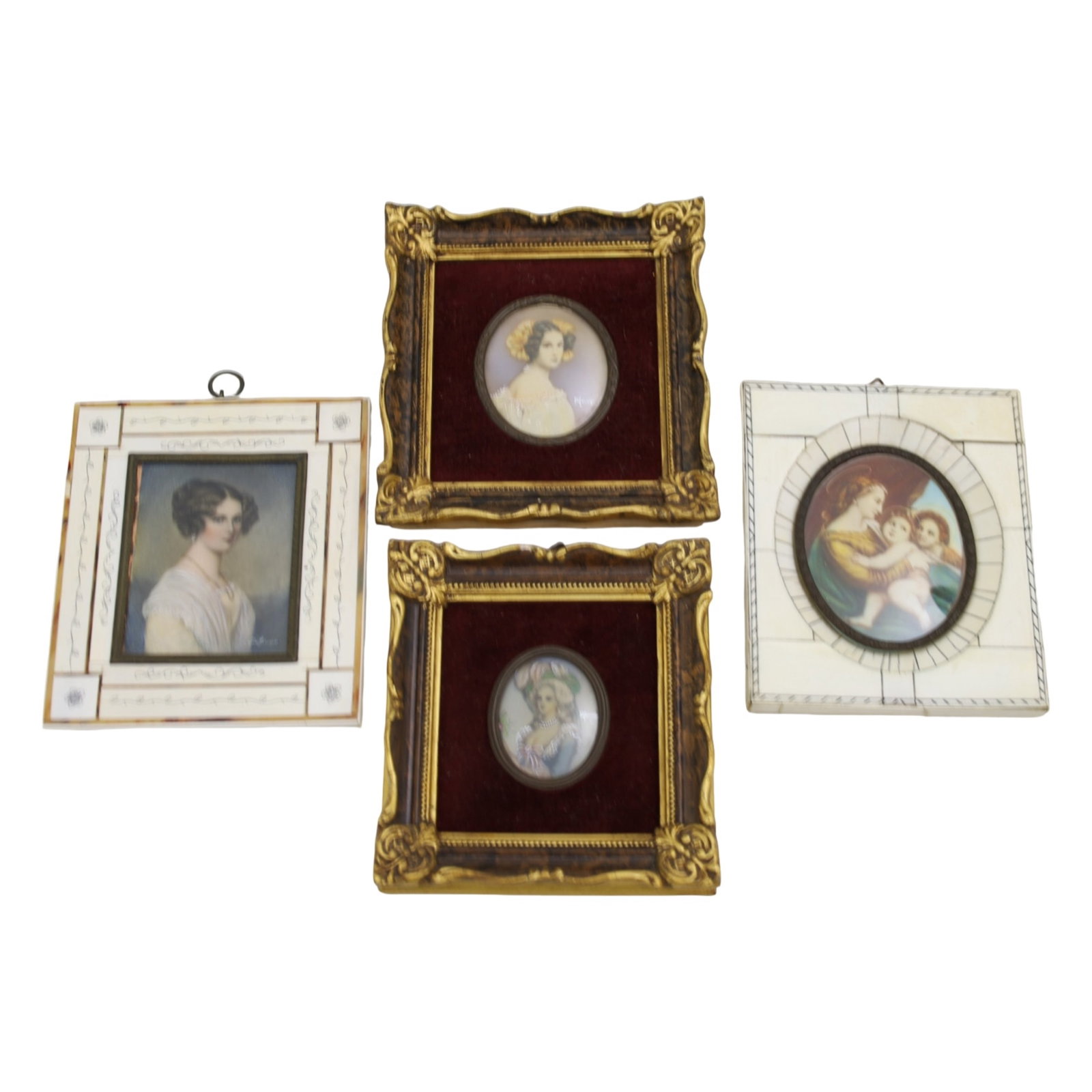 GROUP OF 4 ANTIQUE MINIATURE PORTRAITS: Group of four antique miniature portaits, three of well costumed ladies, the other after Raphael's Madonna della Seggiola, mounted in inlaid bone and giltwood frames, late 19th century; largest 5"x5.5