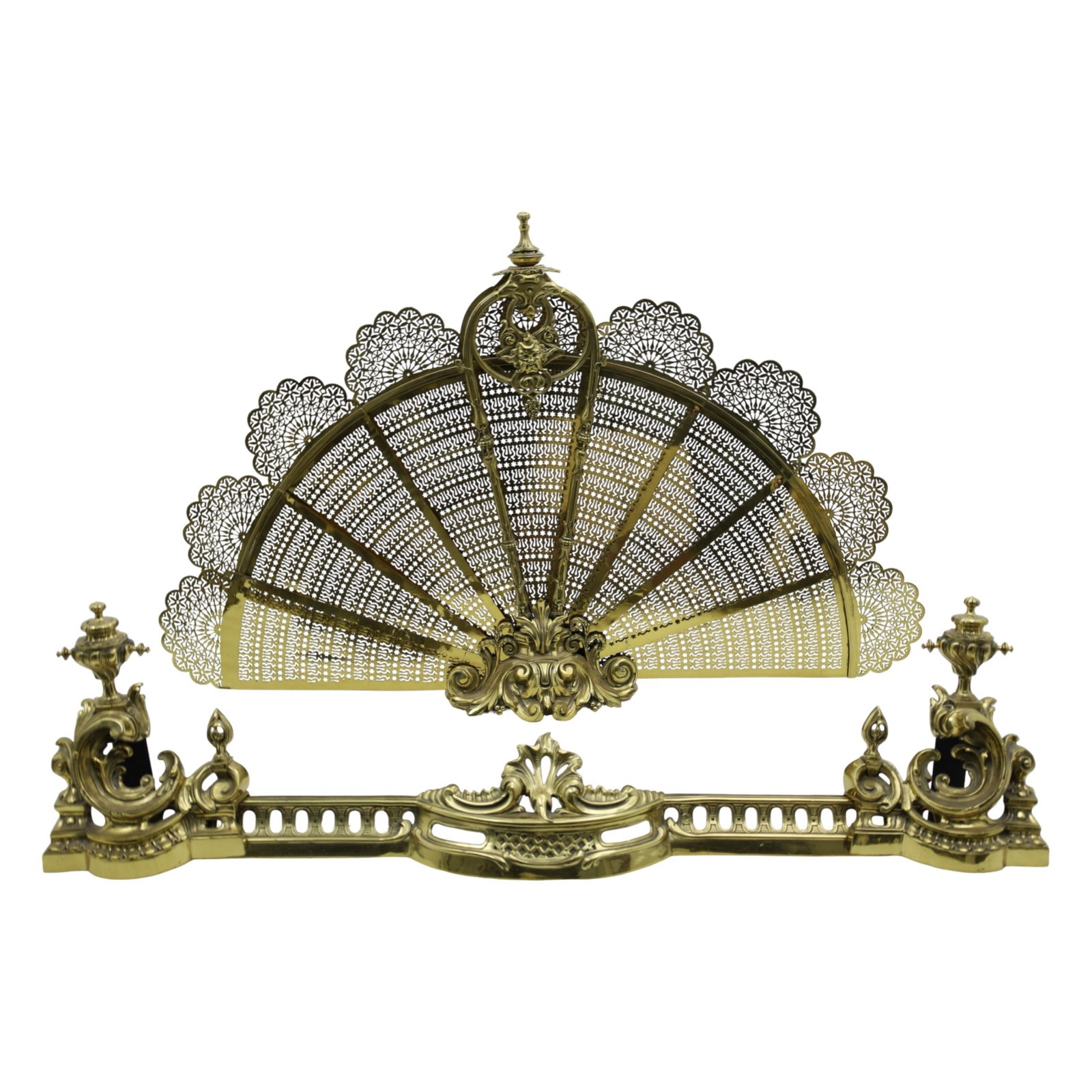 BRASS PEACOCK FIRESCREEN AND LOUIS XV STYLE CHENET: Two piece lot of gilded brass fireplace adornments, including a Victorian style peacock folding firescreen, along with a pair Louis XV style chenet or andirons with fire fender, early to mid 20th cent