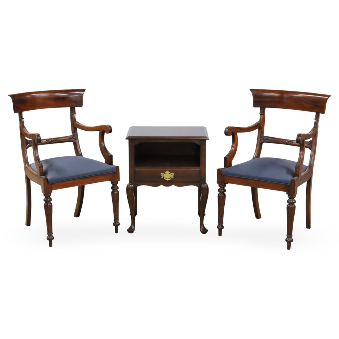 3PC LOT OF ENGLISH STYLE FURNISHINGS: Three piece miscellaneous lot of English style furnishings, including a pair of Regency style chairs, along with Queen Anne style nightstand; chairs 36.5"H 19"W 18"D cabinet 26.5"H 21"W 16"D