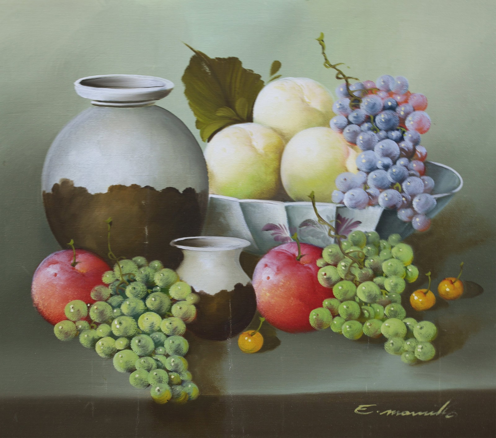 SIGNED OIL ON CANVAS STILL LIFE PAINTING: Signed oil on canvas still life painting, matted in giltwood frame, 20th century; 31"H 27"W overall
