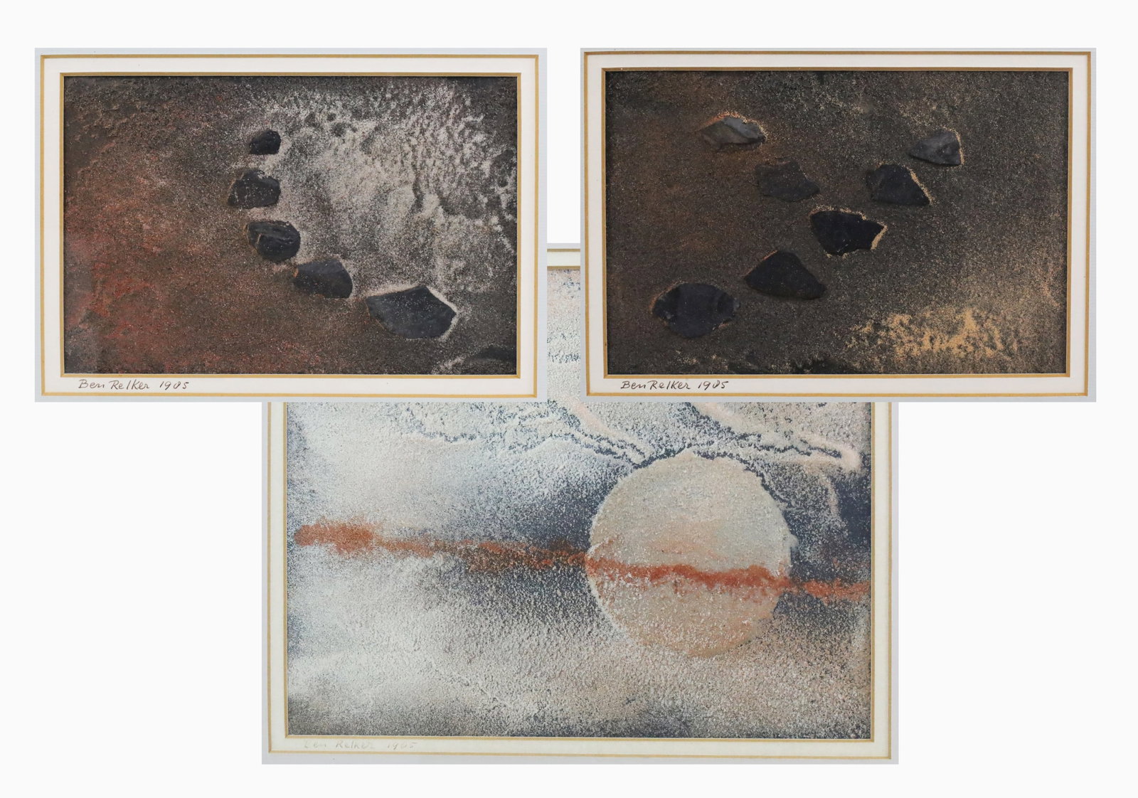 BEN RELKER, 1905, COLLECTION OF SAND PAINTINGS: Three piece collection of sand paintings by Dutch artist Ben Relker, matted in frame, pencil signed in margin dated 1905; largest 20"H 17"W pair 16"H 12.5"W overall