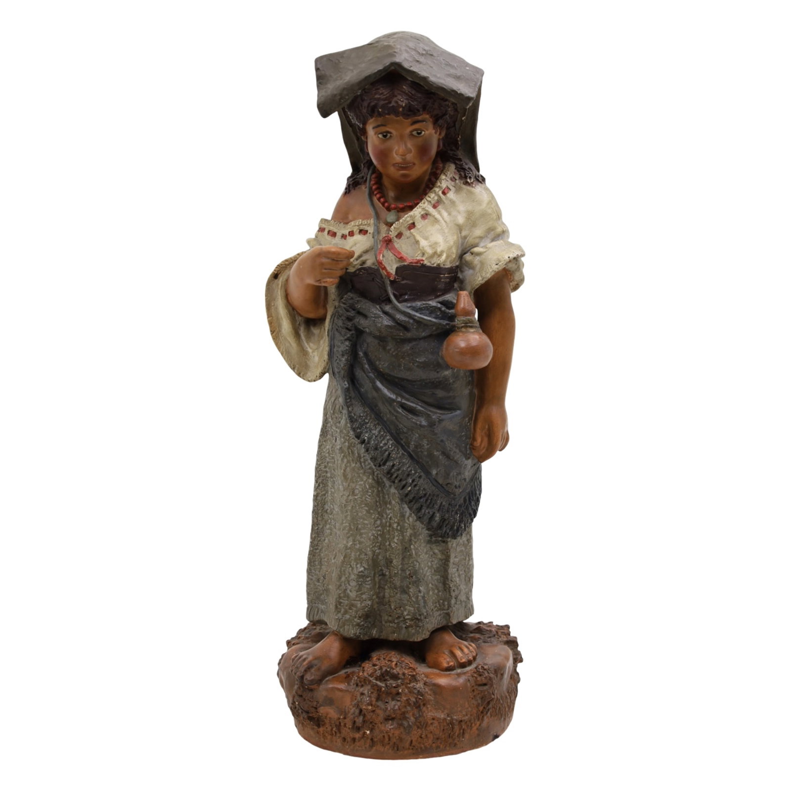 BAVARIAN CERAMIC FIGURE, MANNER OF MARESCH: Large Bavarian polychrome ceramic figure of a peasant girl with jug, in the manner of Johann Maresch (1821?1914) late 19th/early 20th century; 25"H